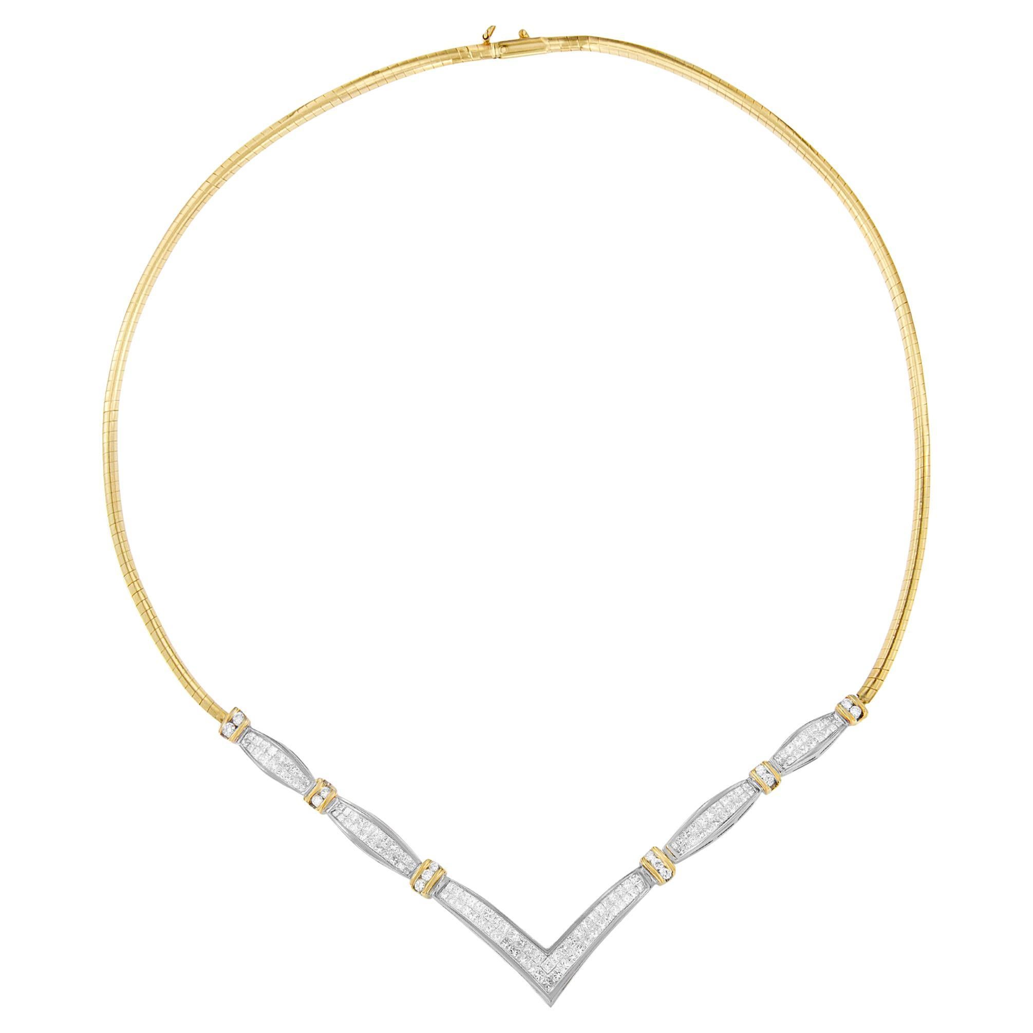 14K Yellow and White Gold 3.00 Carat Diamond "V" Shape Statement Necklace For Sale