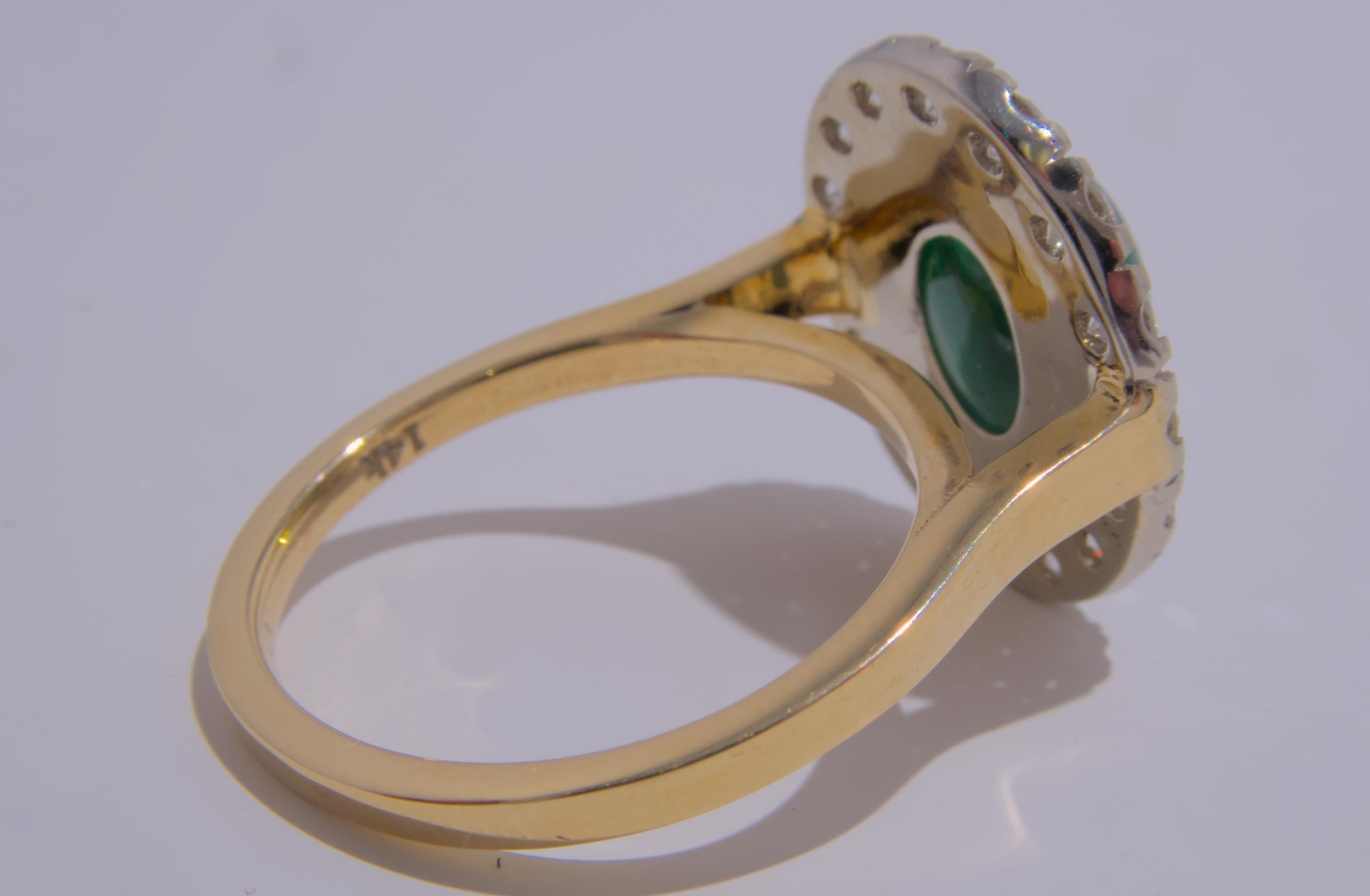 Art Deco 14K Yellow and White Gold 3.39 Carat Cabochon Emerald and Diamond Ring For Sale