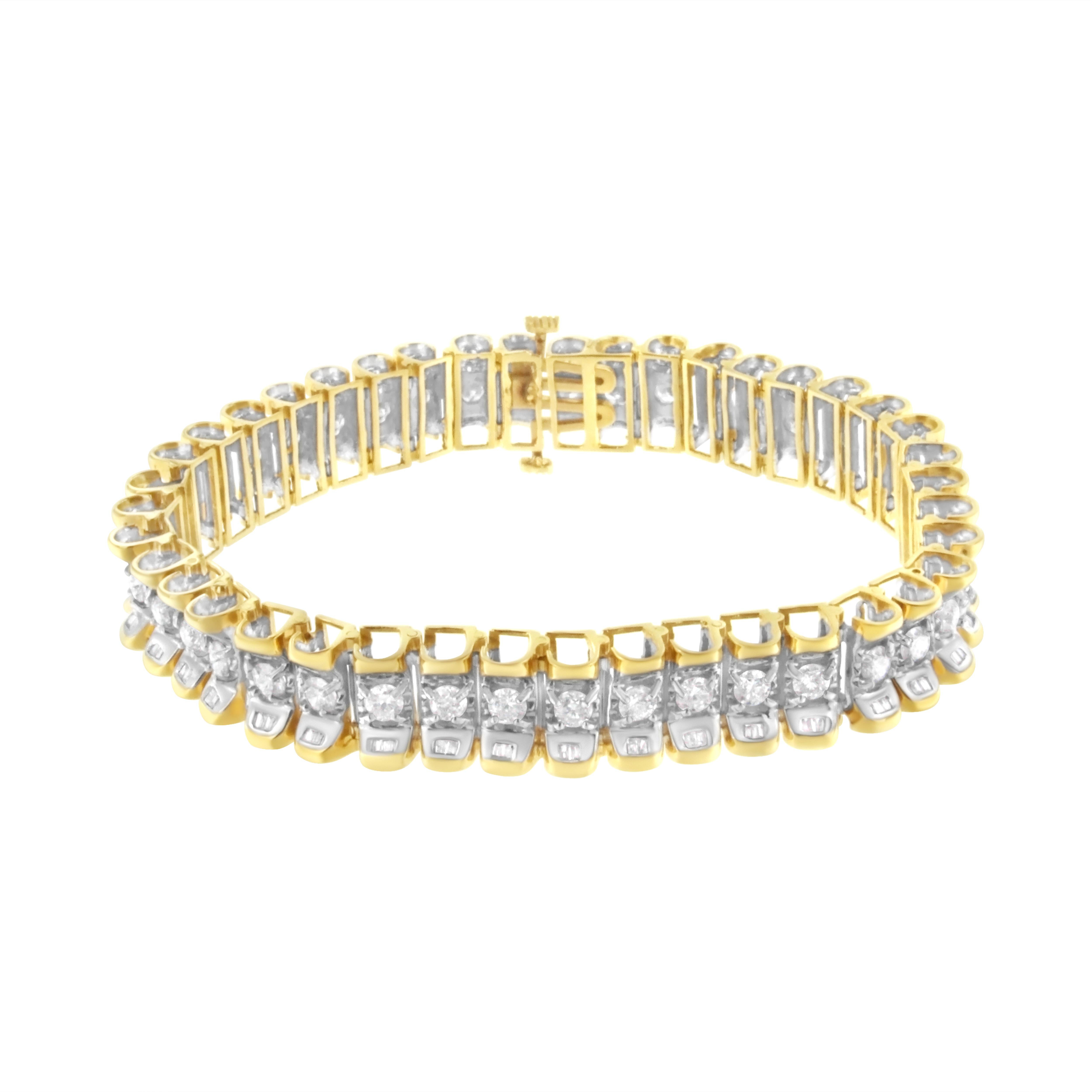 This bold 14k yellow and white gold tennis bracelet features 5 carats of beautiful, natural diamonds. At the center of this design sits round-cut diamonds set in white gold embellished with baguette-cut diamonds on the sides. The outer layer of this
