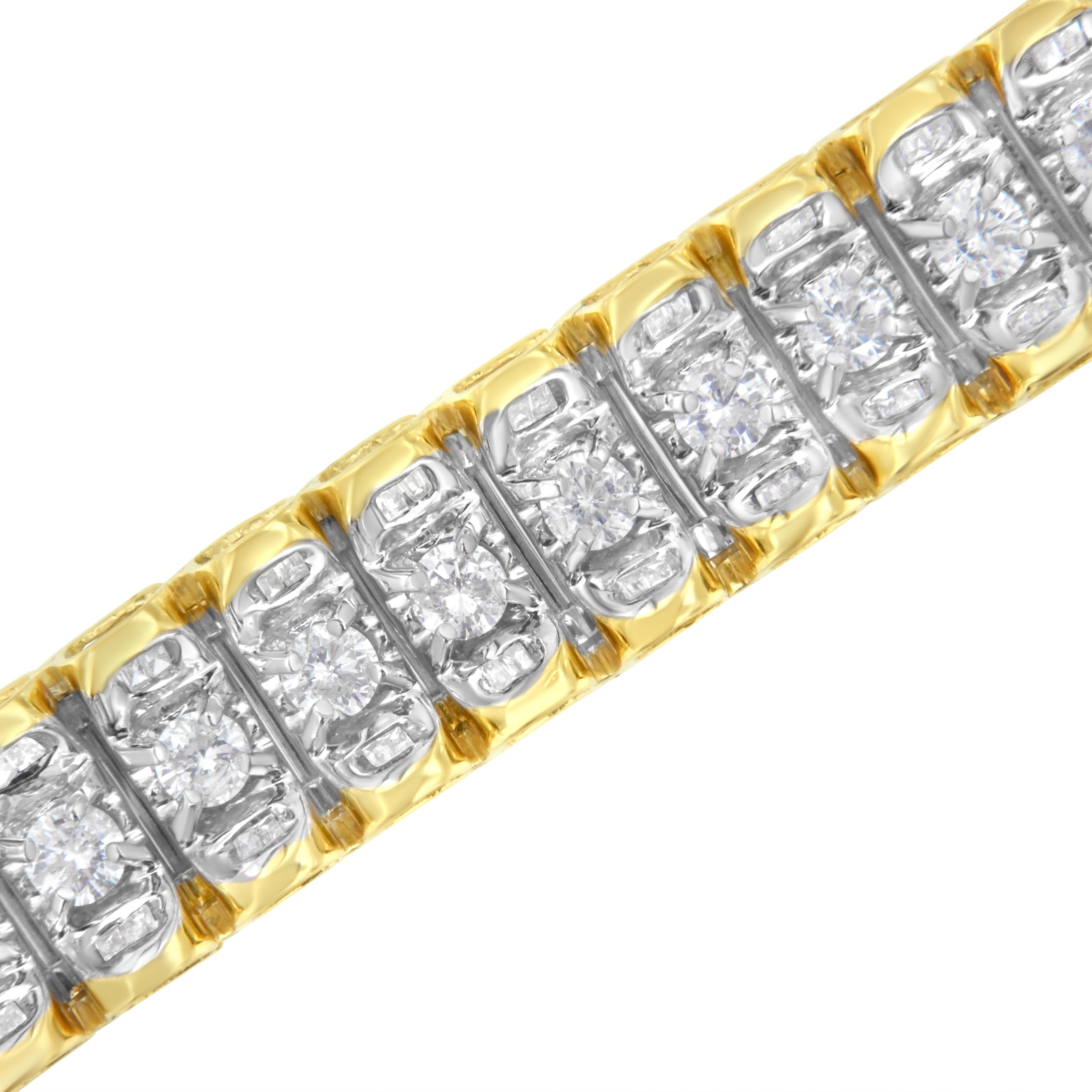 Round Cut 14K Yellow and White Gold 5 Carats Round & Baguette Diamond Tennis Bracelet For Sale