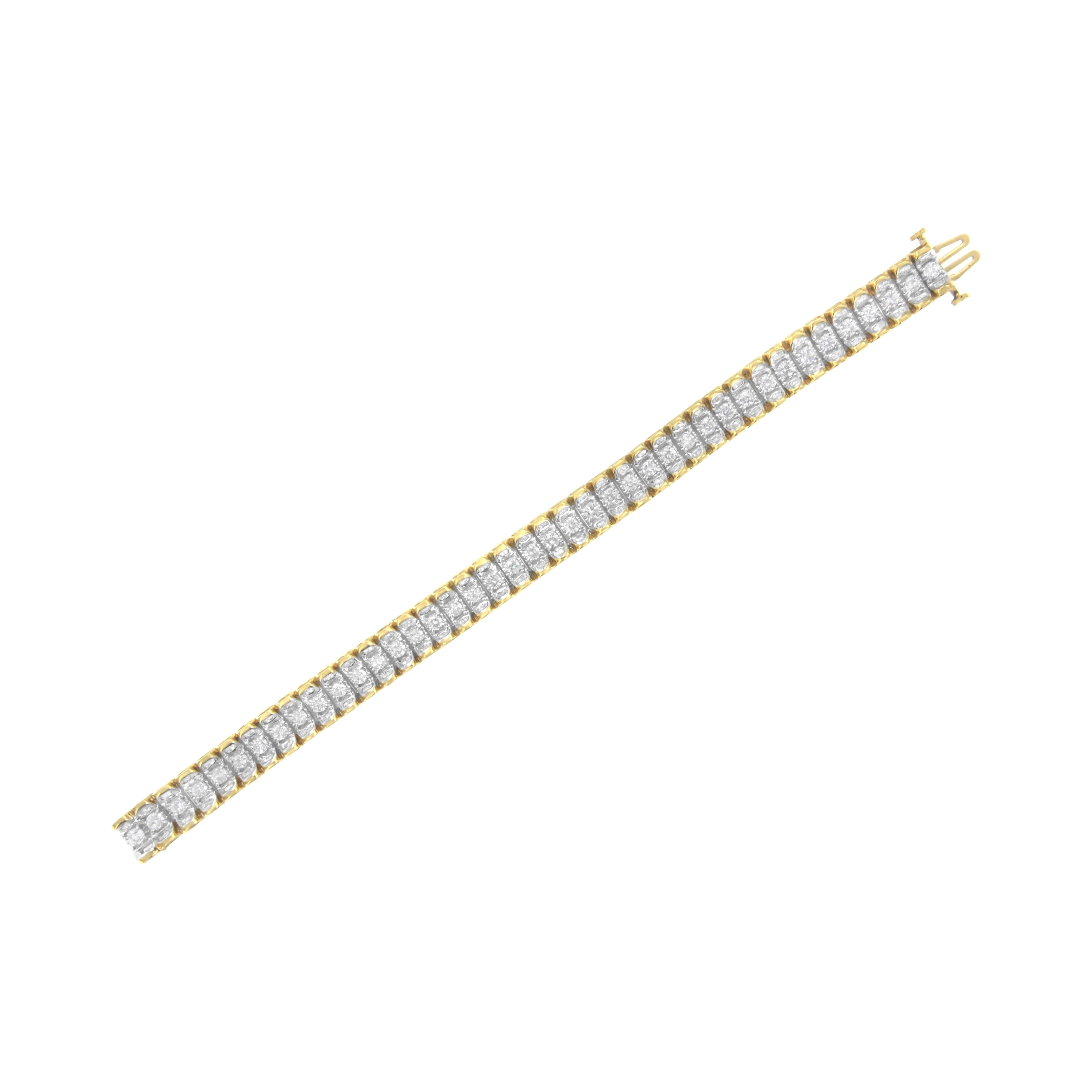 14K Yellow and White Gold 5 Carats Round & Baguette Diamond Tennis Bracelet In New Condition For Sale In New York, NY