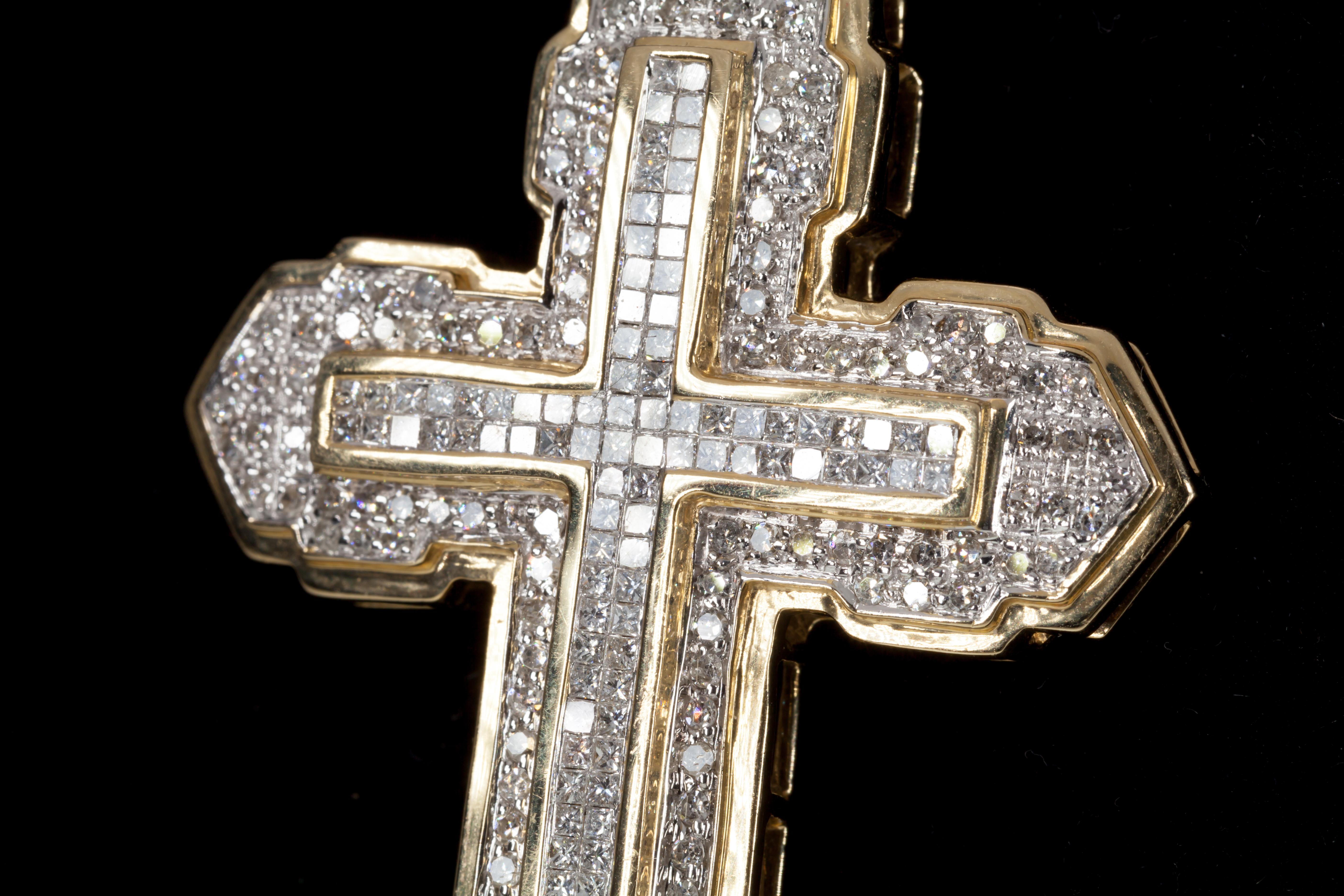 14k Yellow and White Gold 6 Carats Diamond Cross Pendant In Good Condition In Sherman Oaks, CA