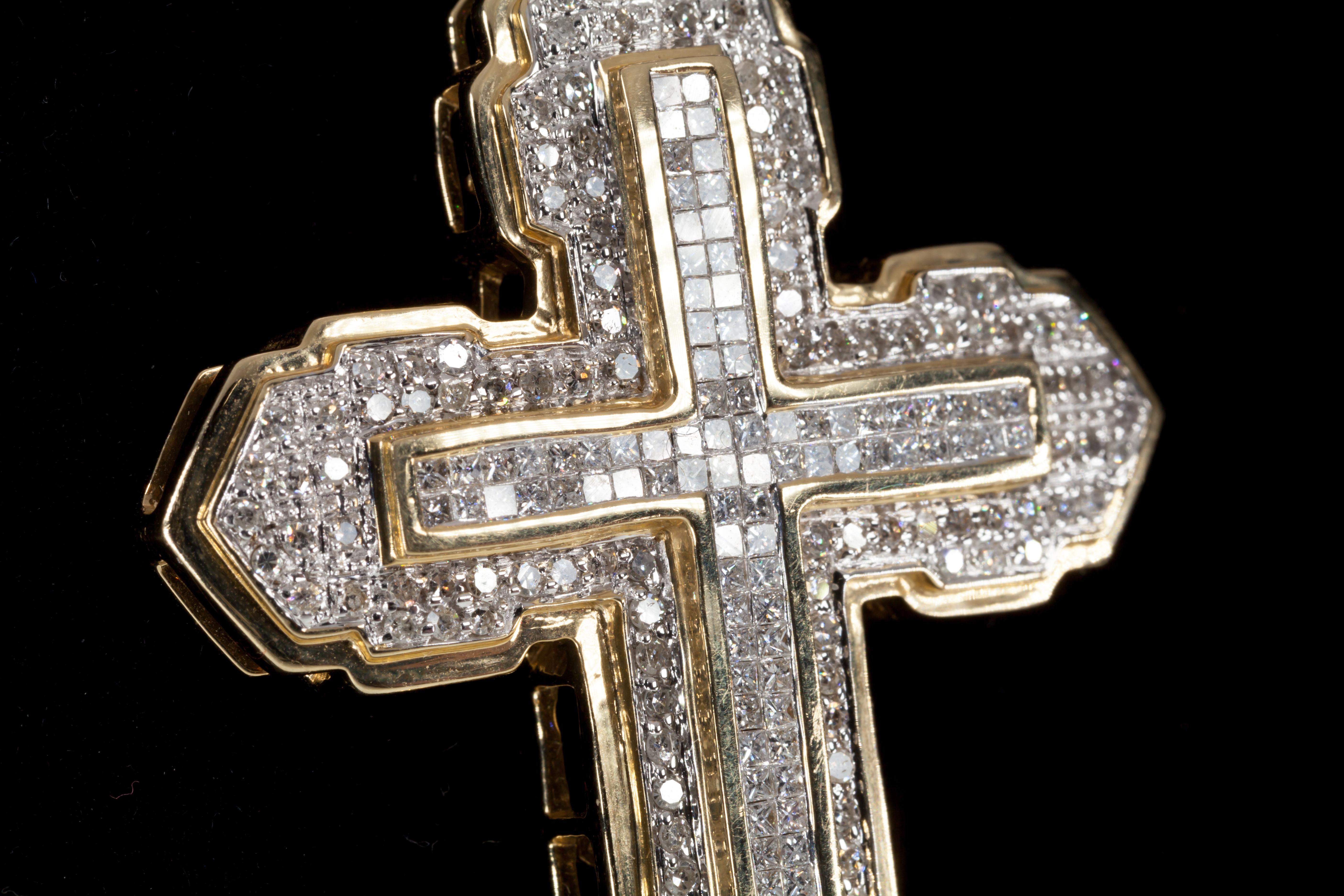 Women's or Men's 14k Yellow and White Gold 6 Carats Diamond Cross Pendant