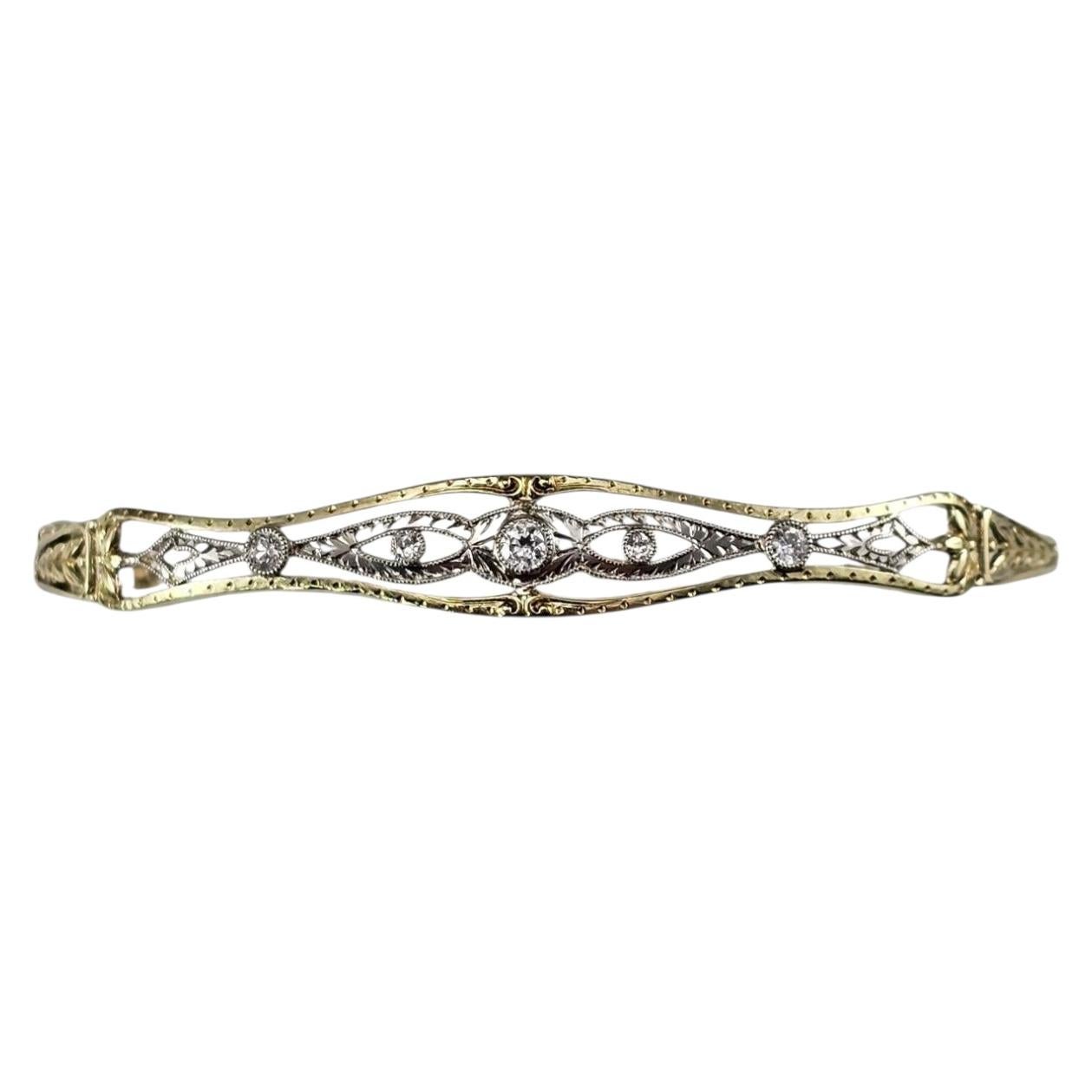 14K Yellow and White Gold and Diamond Filigree Bangle Bracelet #24897