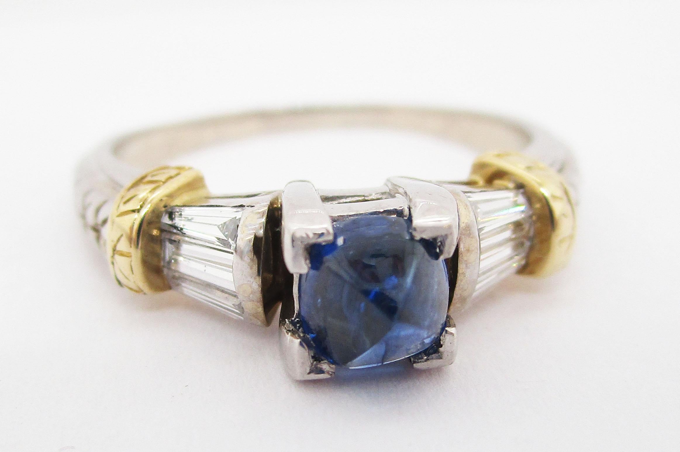 Contemporary 14k Yellow and White Gold Blue Sapphire and Diamond Engagement Ring For Sale