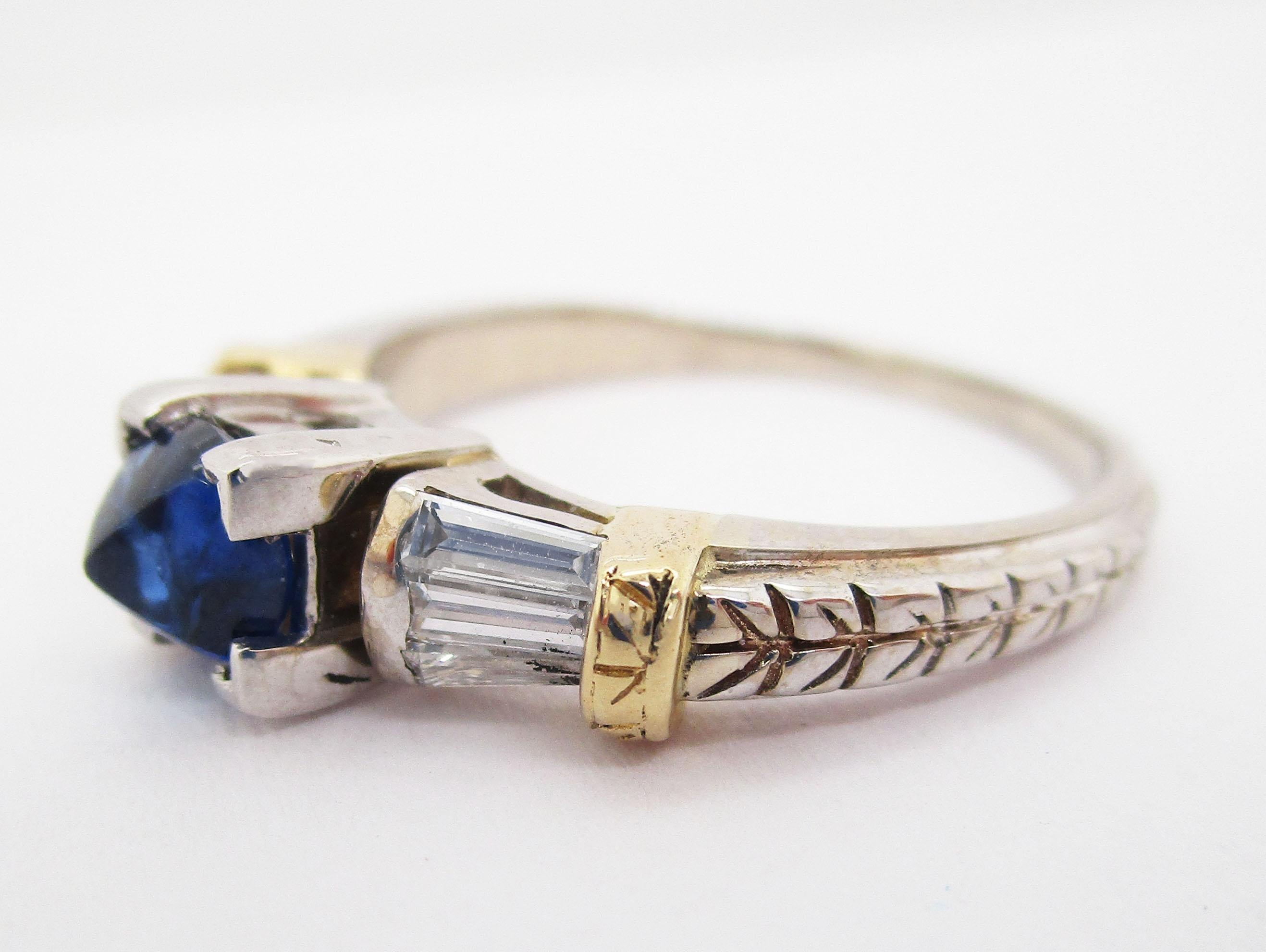 14k Yellow and White Gold Blue Sapphire and Diamond Engagement Ring In Excellent Condition For Sale In Lexington, KY