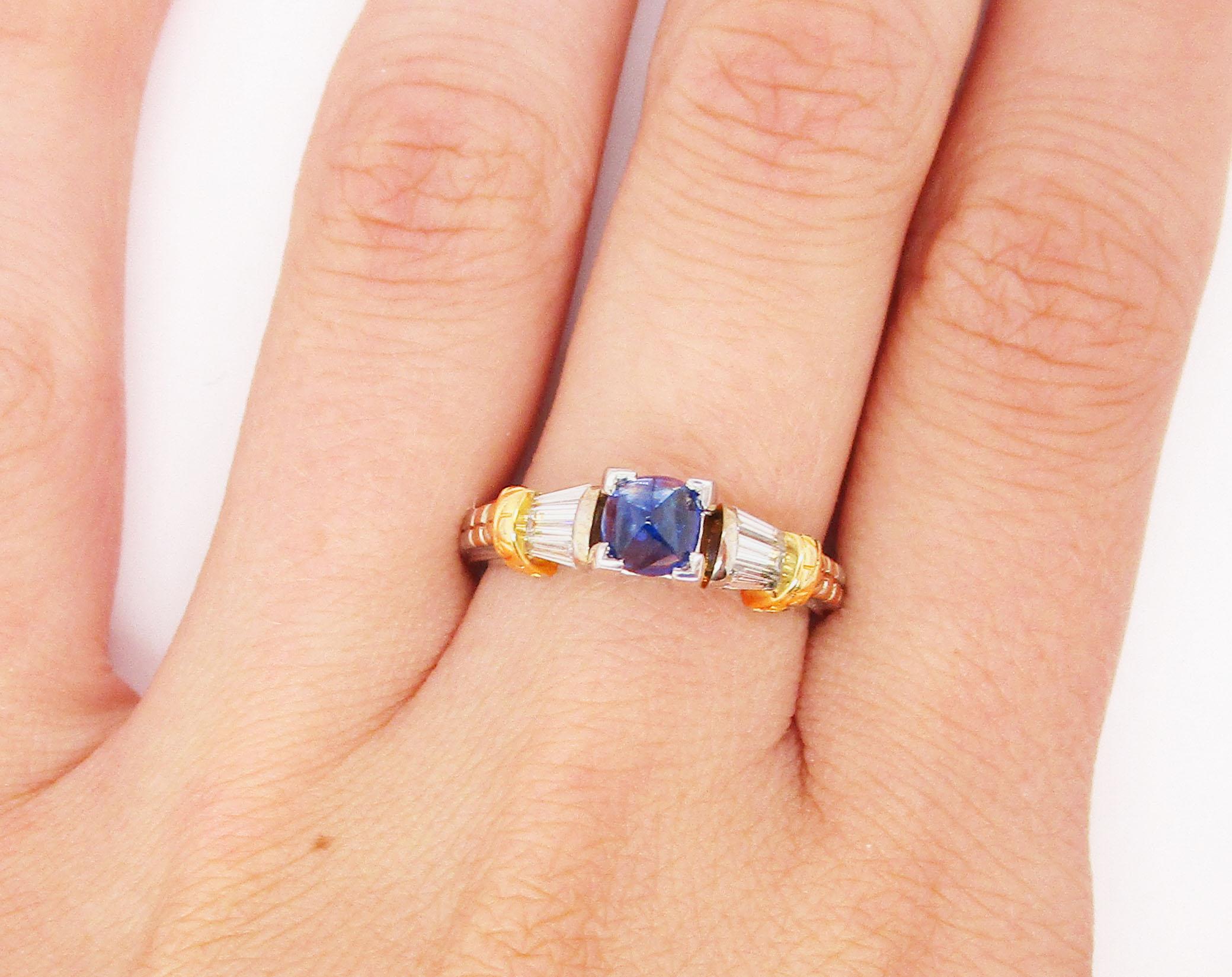 14k Yellow and White Gold Blue Sapphire and Diamond Engagement Ring For Sale 2