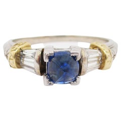 14k Yellow and White Gold Blue Sapphire and Diamond Engagement Ring