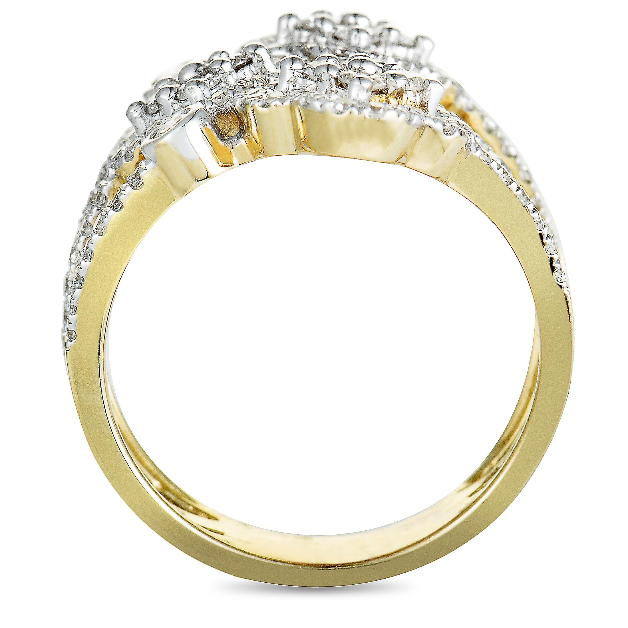 This ring is crafted from 14K yellow and white gold and set with diamonds that amount to 1.00 carat. The ring weighs 7.1 grams, boasting band thickness of 5 mm and top height of 3 mm, while top dimensions measure 20 by 23 mm.
 
 Offered in brand new