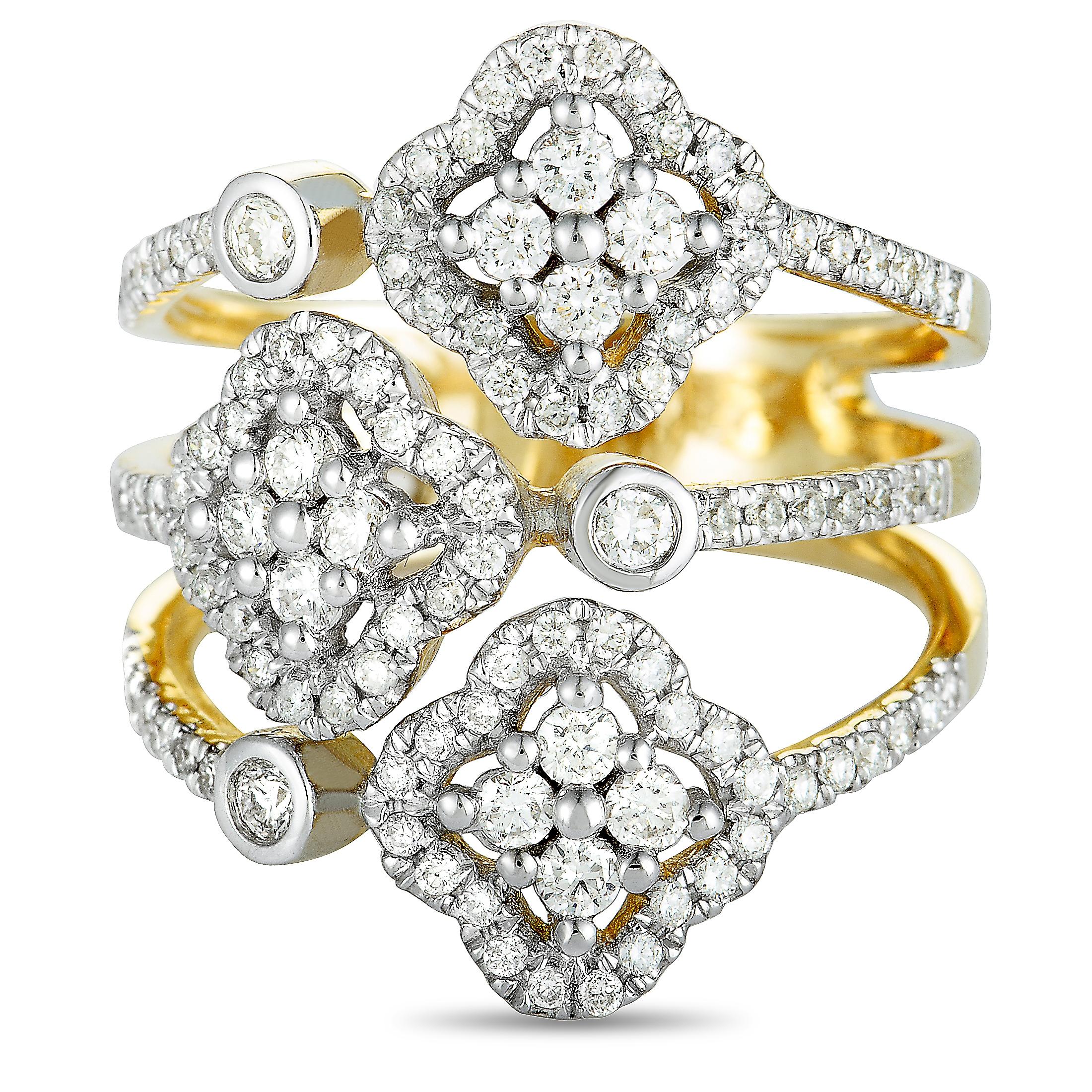 14 Karat Yellow and White Gold Diamond 3 Flower Ring 1