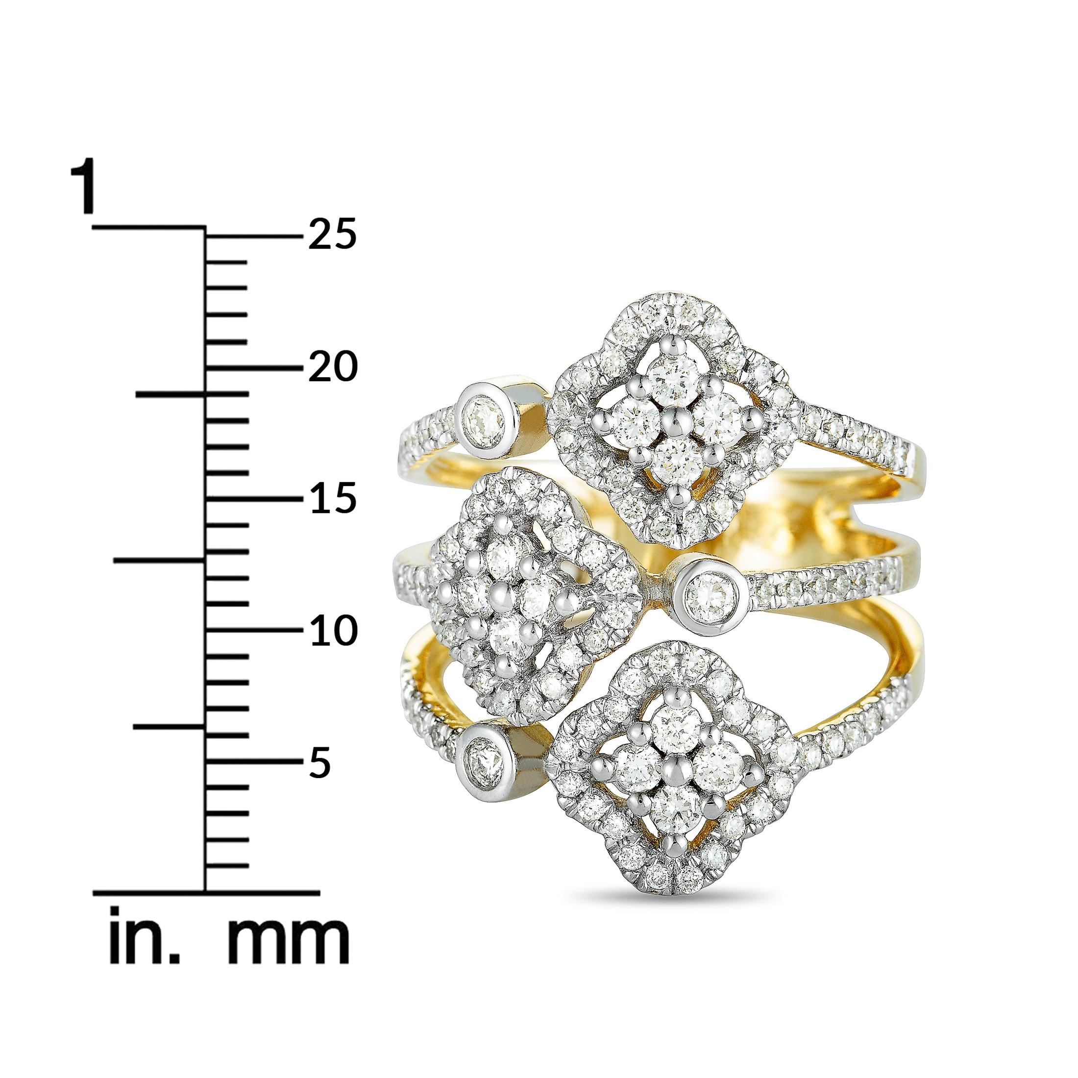 14 Karat Yellow and White Gold Diamond 3 Flower Ring 2