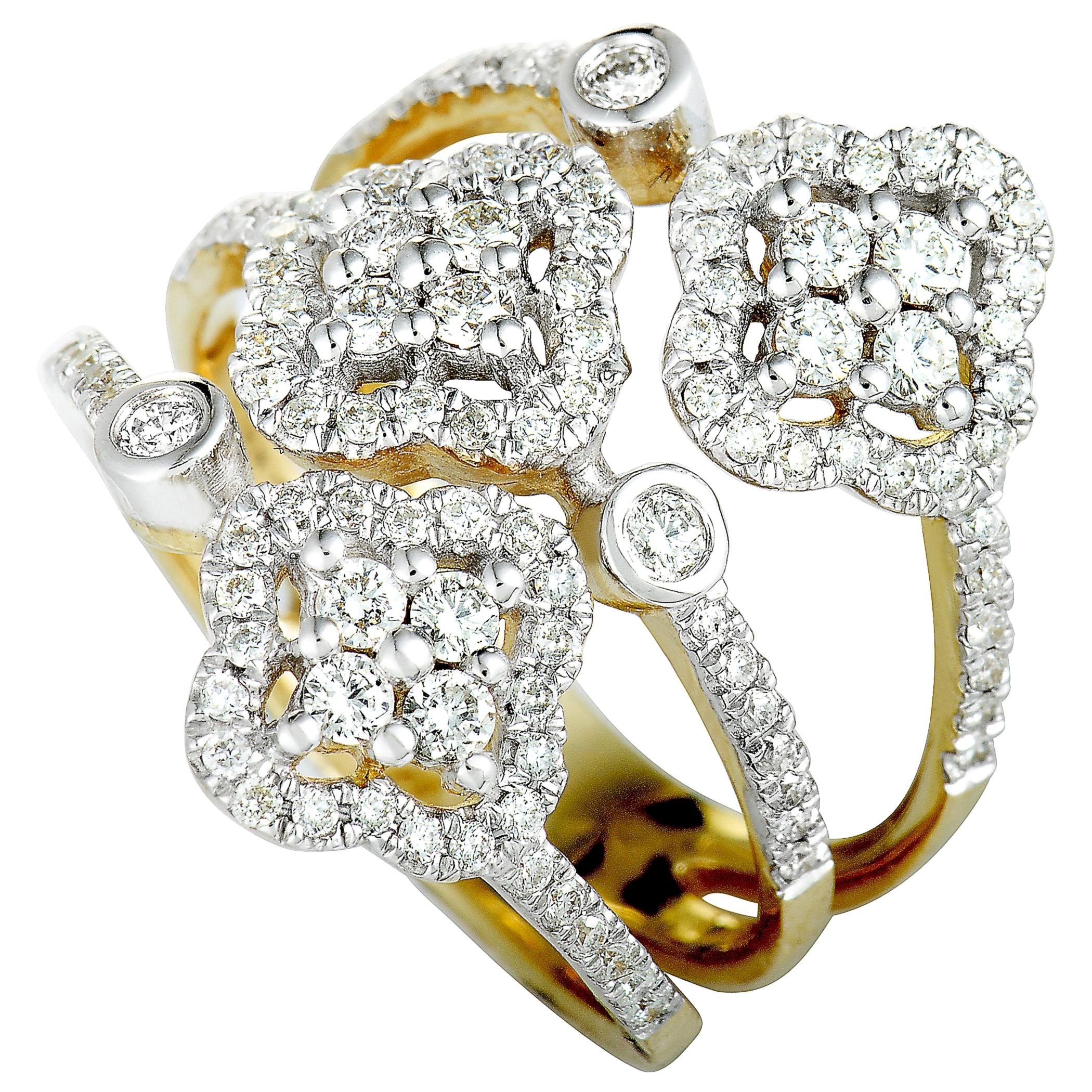 14 Karat Yellow and White Gold Diamond 3 Flower Ring