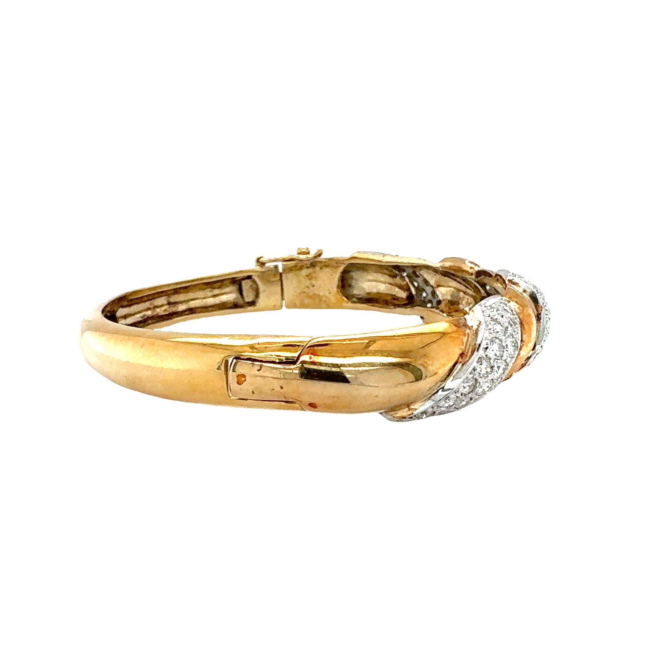 14K Yellow and White Gold Diamond Bangle Bracelet In Good Condition For Sale In Beverly Hills, CA
