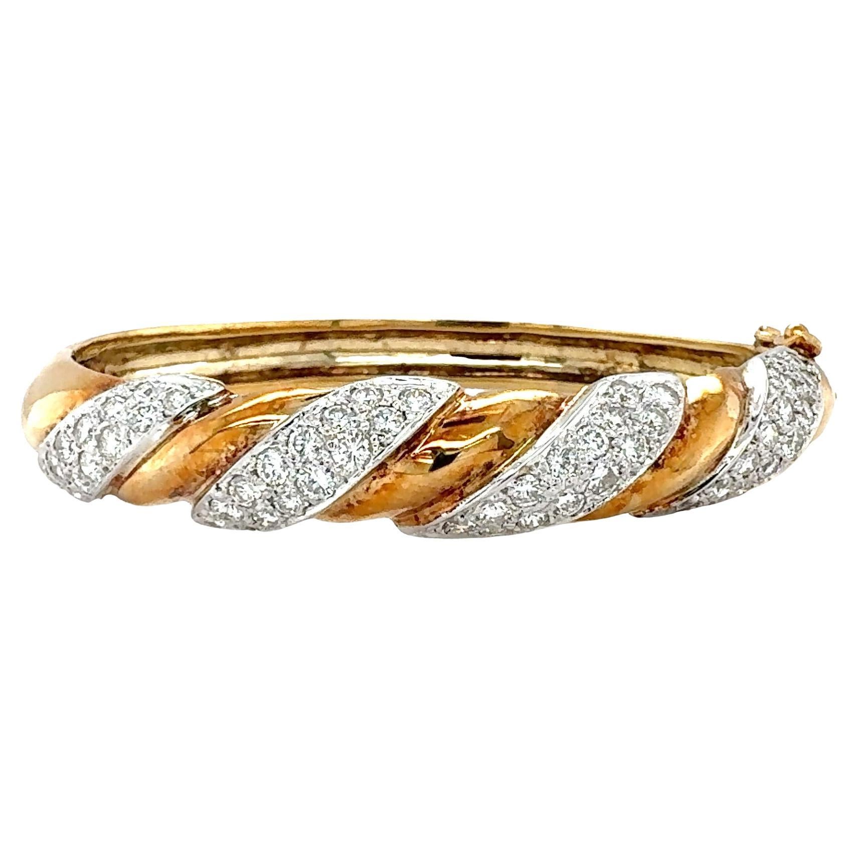 14K Yellow and White Gold Diamond Bangle Bracelet For Sale