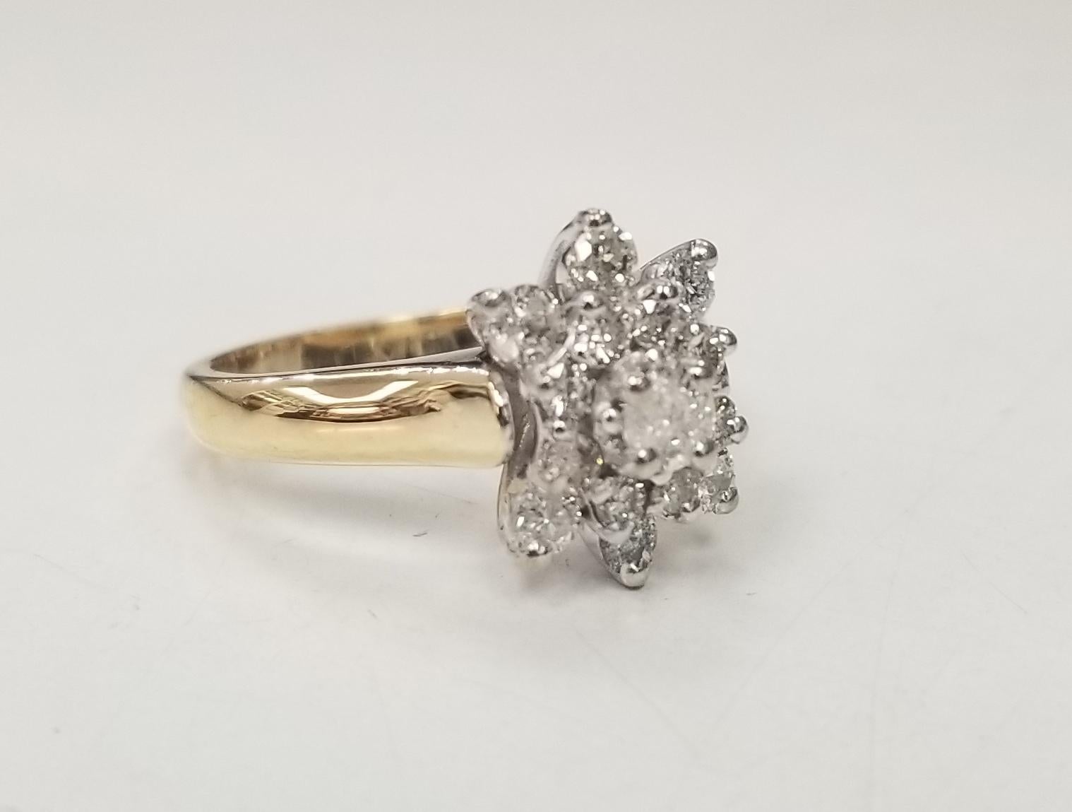 Specifications:   
    Diamonds: 15 round full cut Diamonds .66 Cts.    
    metal:14K YELLOW GOLD
    type:RING
    weight:4.7 Grams
    RING size:6.5