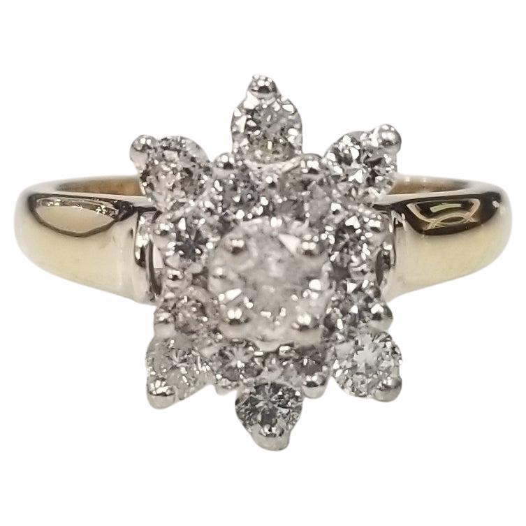 14k Yellow and White Gold Diamond Cluster Ring 15 Round Full Cut .66 Cts For Sale