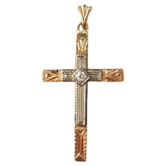 Pendentif croix en or jaune et blanc 14 carats avec diamant n° 16555