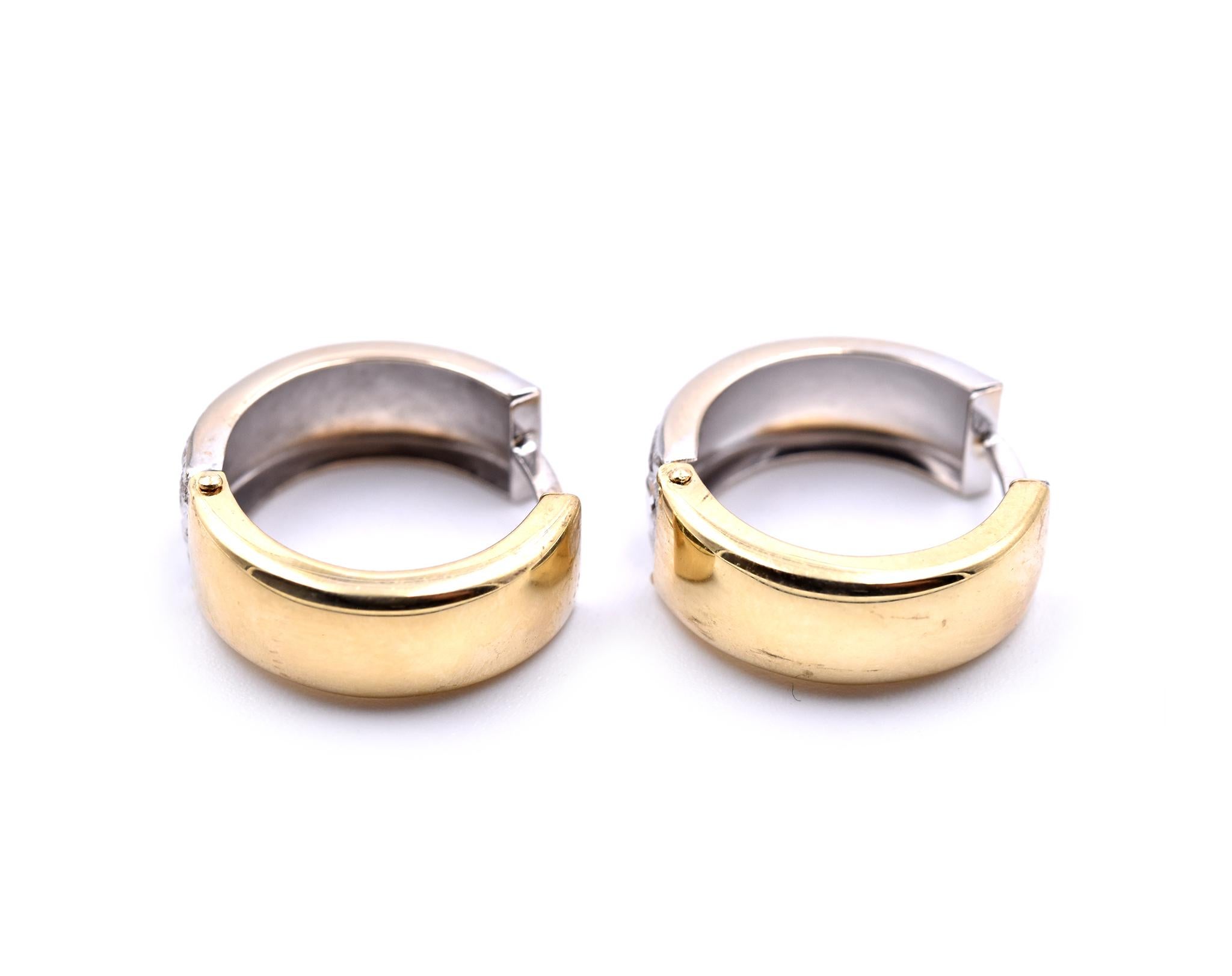 14 Karat Yellow and White Gold Diamond Cut Huggie Earrings In Excellent Condition In Scottsdale, AZ