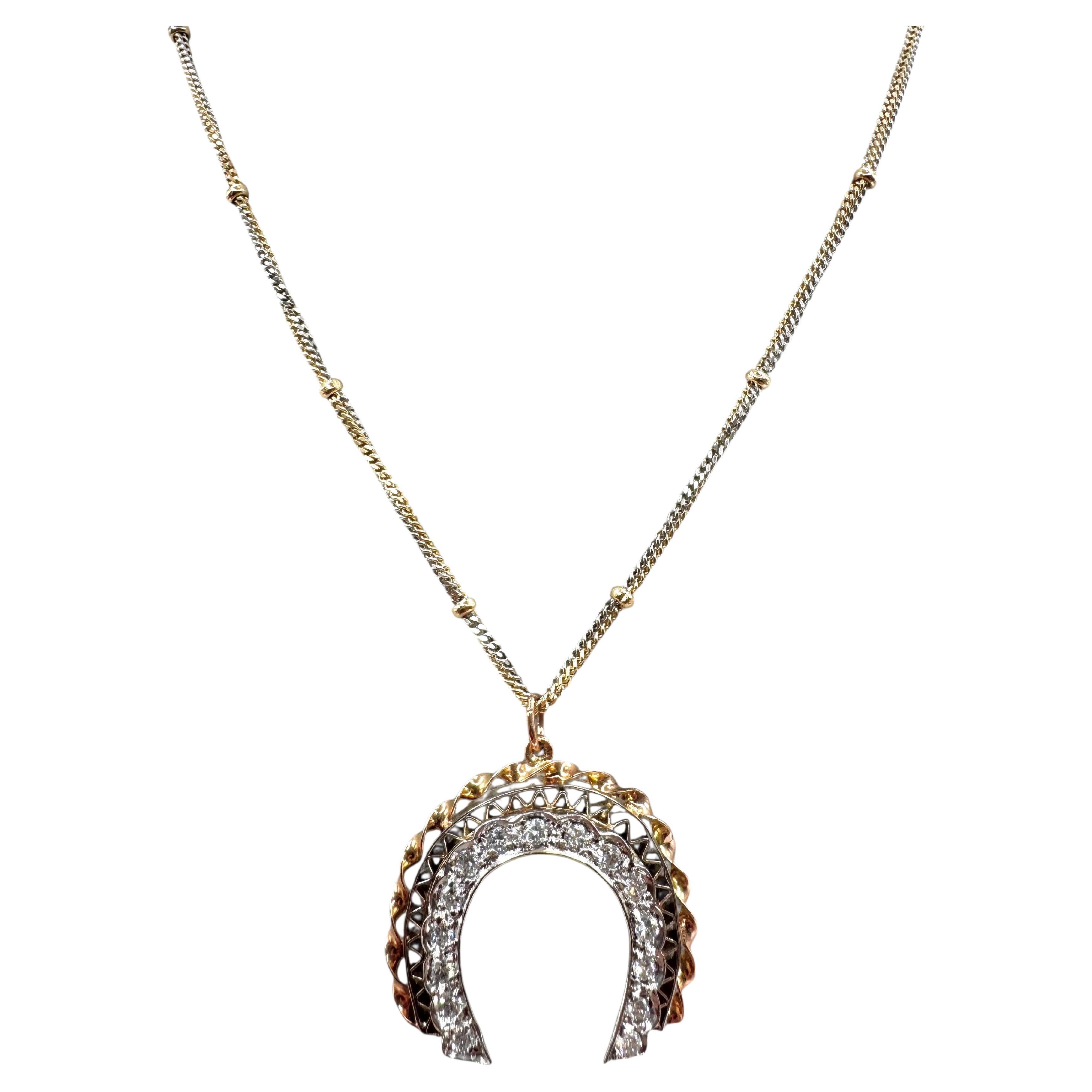 14K Yellow and White Gold Diamond Horseshoe Pendant Necklace