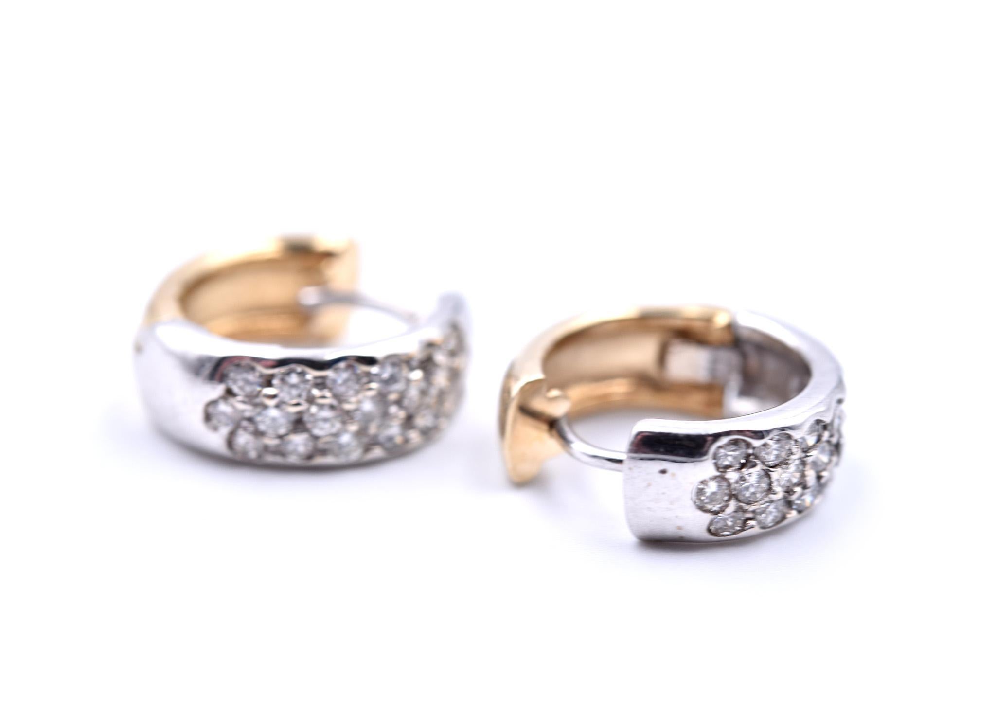 Designer: custom design
Material: 14k yellow and white
Diamonds: 38 round brilliant = .75cttw
Color: H
Clarity: SI1
Dimensions: earrings are approximately 19.73mm by 5.72mm
Fastenings: post 
Weight: 6.61 grams
