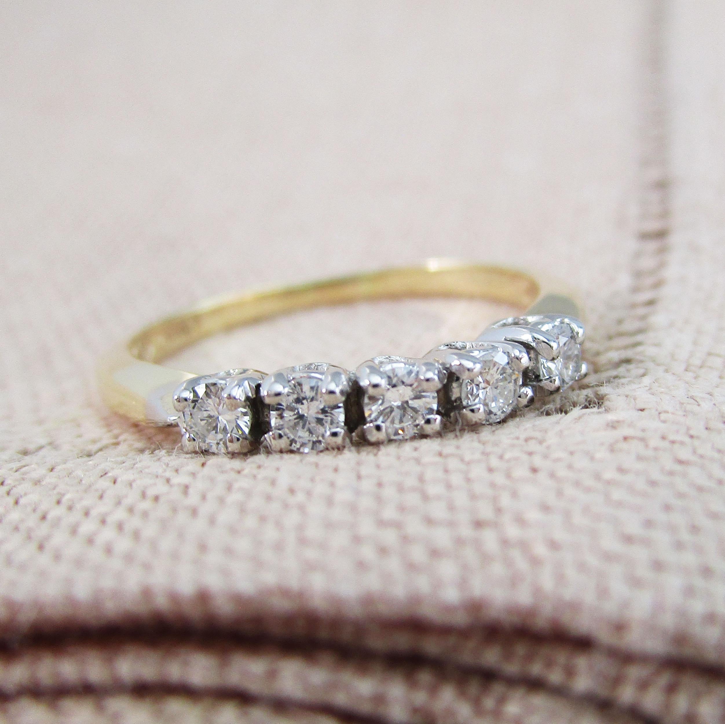 Modernist 14 Karat Yellow and White Gold Estate Five-Stone Diamond Anniversary Band For Sale