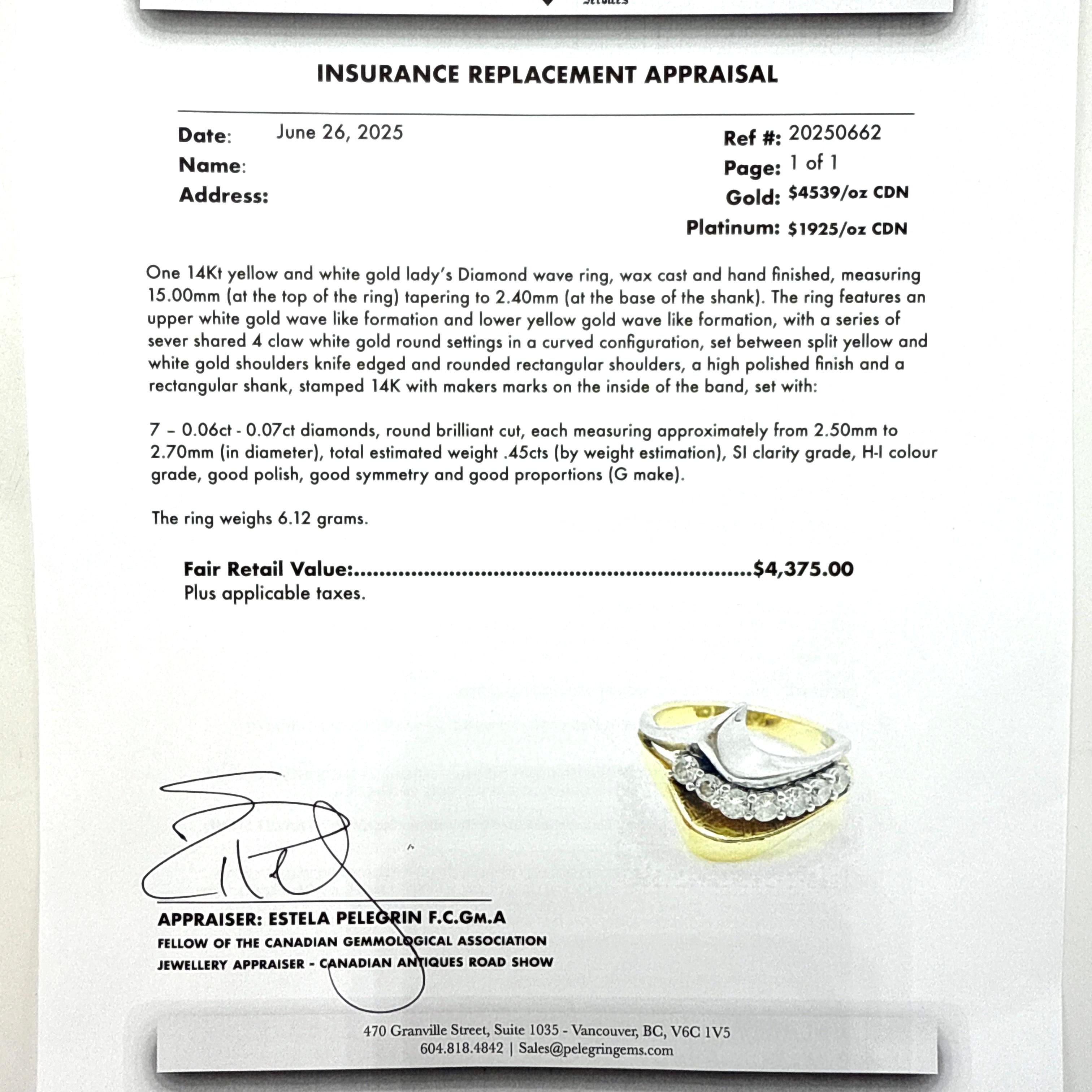 Anello a onda con diamante naturale in oro giallo e bianco 14K - 0,45ct peso totale in vendita 3