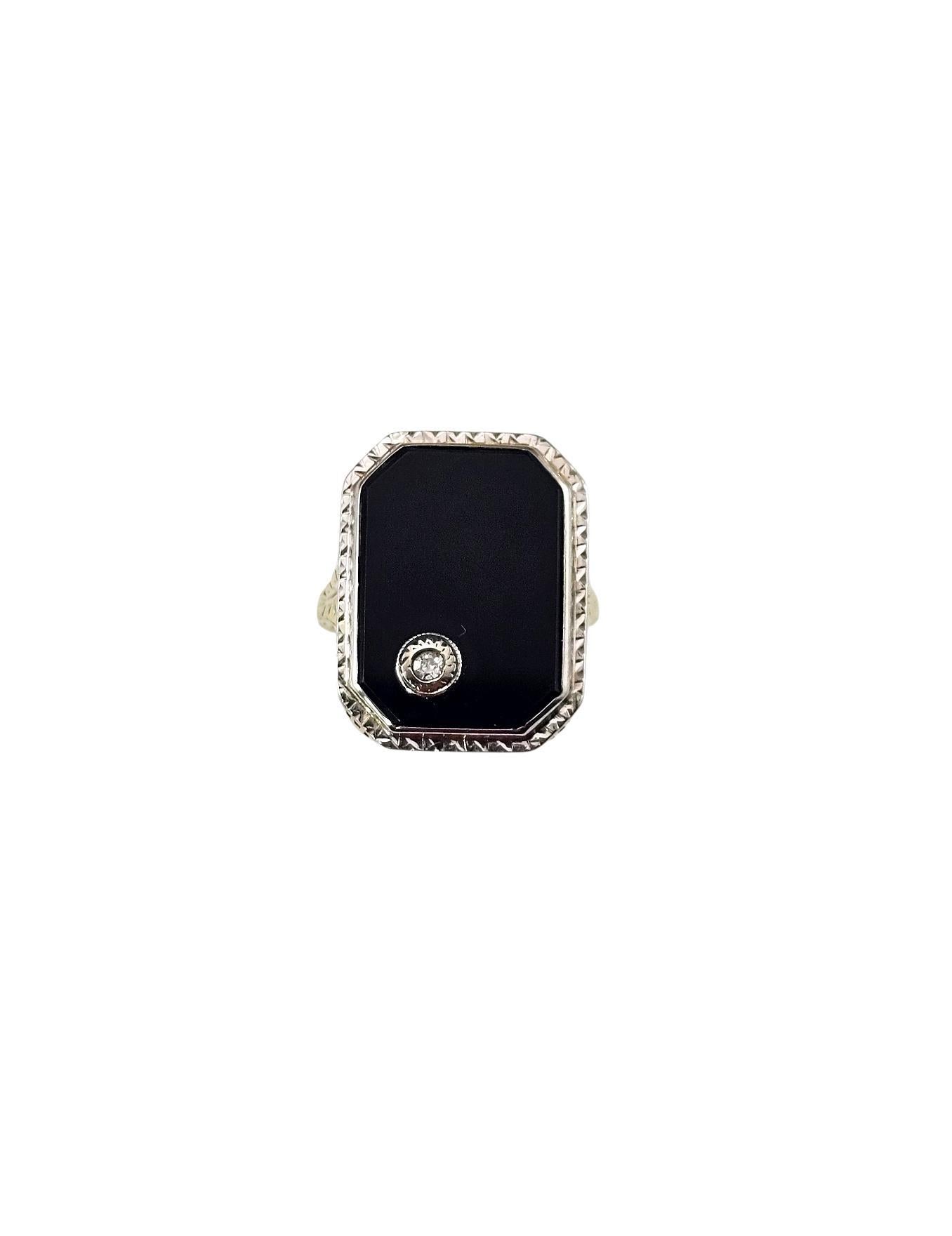 14K Yellow and White Gold Onyx & Diamond Ring Size 7.25-7.5 #24734 For Sale