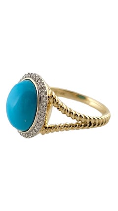 14K Yellow And White Gold Oval Turquoise Diamond Halo Ring Size 7.25 #18159