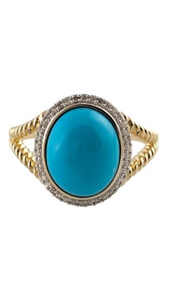 14K Yellow And White Gold Oval Turquoise Diamond Halo Ring Size 7.25 #18159