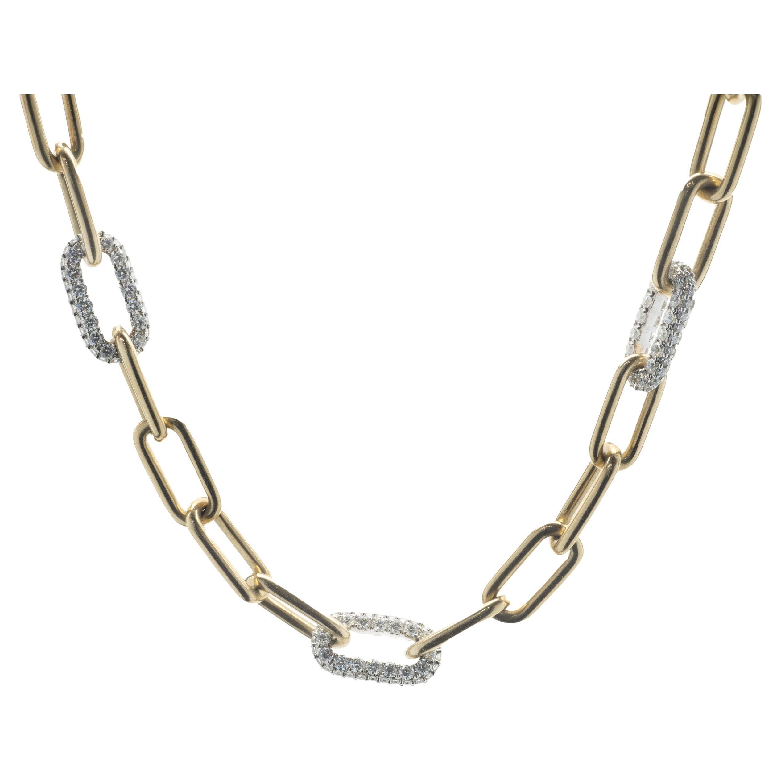 14k Yellow and White Gold Paperclip Link Necklace with Diamond Link Stations