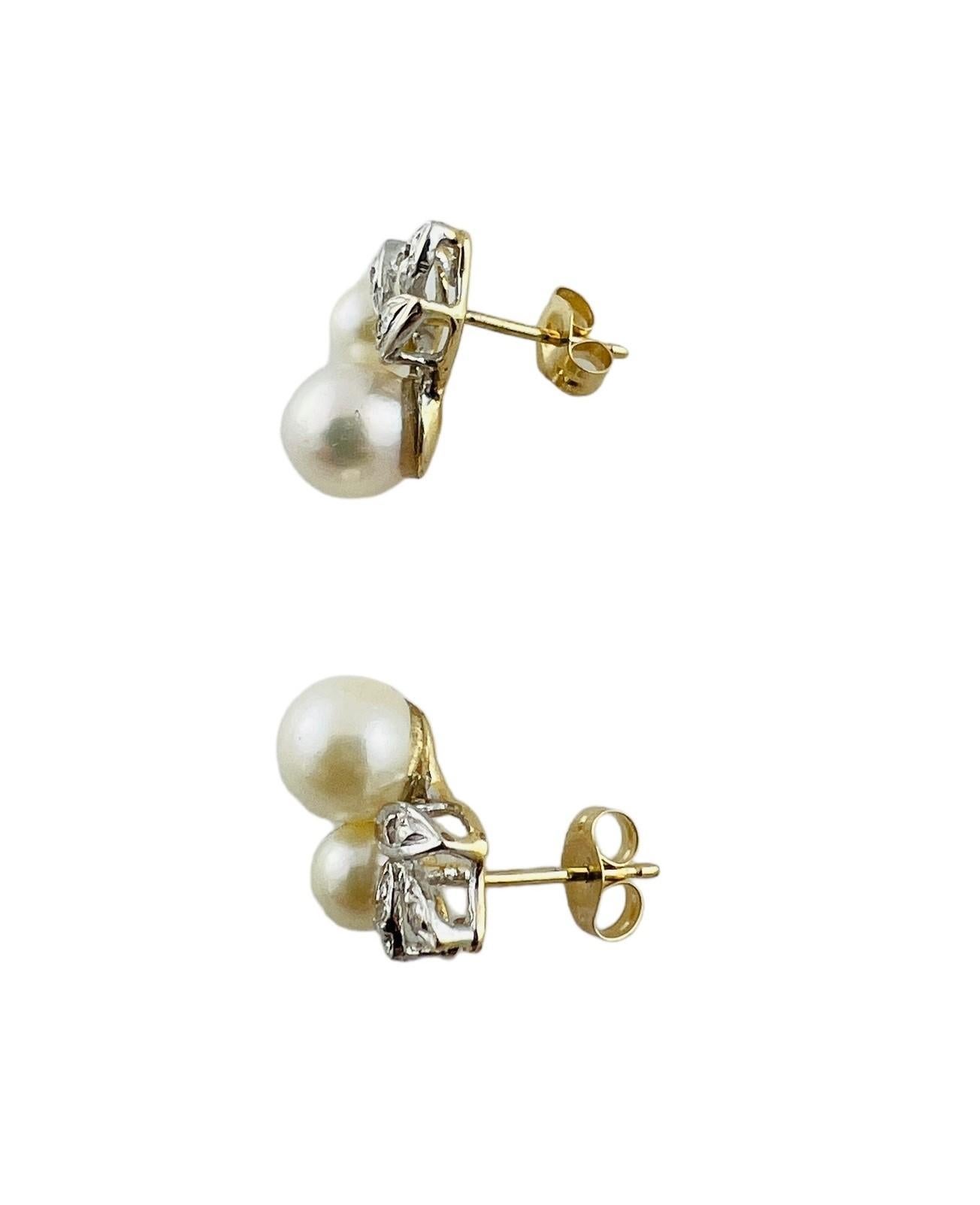Women's 14K Yellow and White Gold Pearl and Diamond Stud Earrings #16687 For Sale