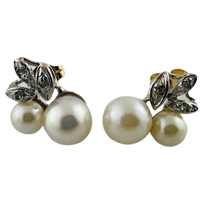 14K Yellow and White Gold Pearl and Diamond Stud Earrings #16687 For Sale