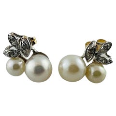 Vintage 14K Yellow and White Gold Pearl and Diamond Stud Earrings #16687