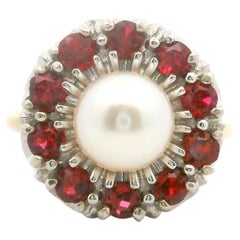 14k Yellow and White Gold Pearl and Ruby Ladies Ring Size 6.75