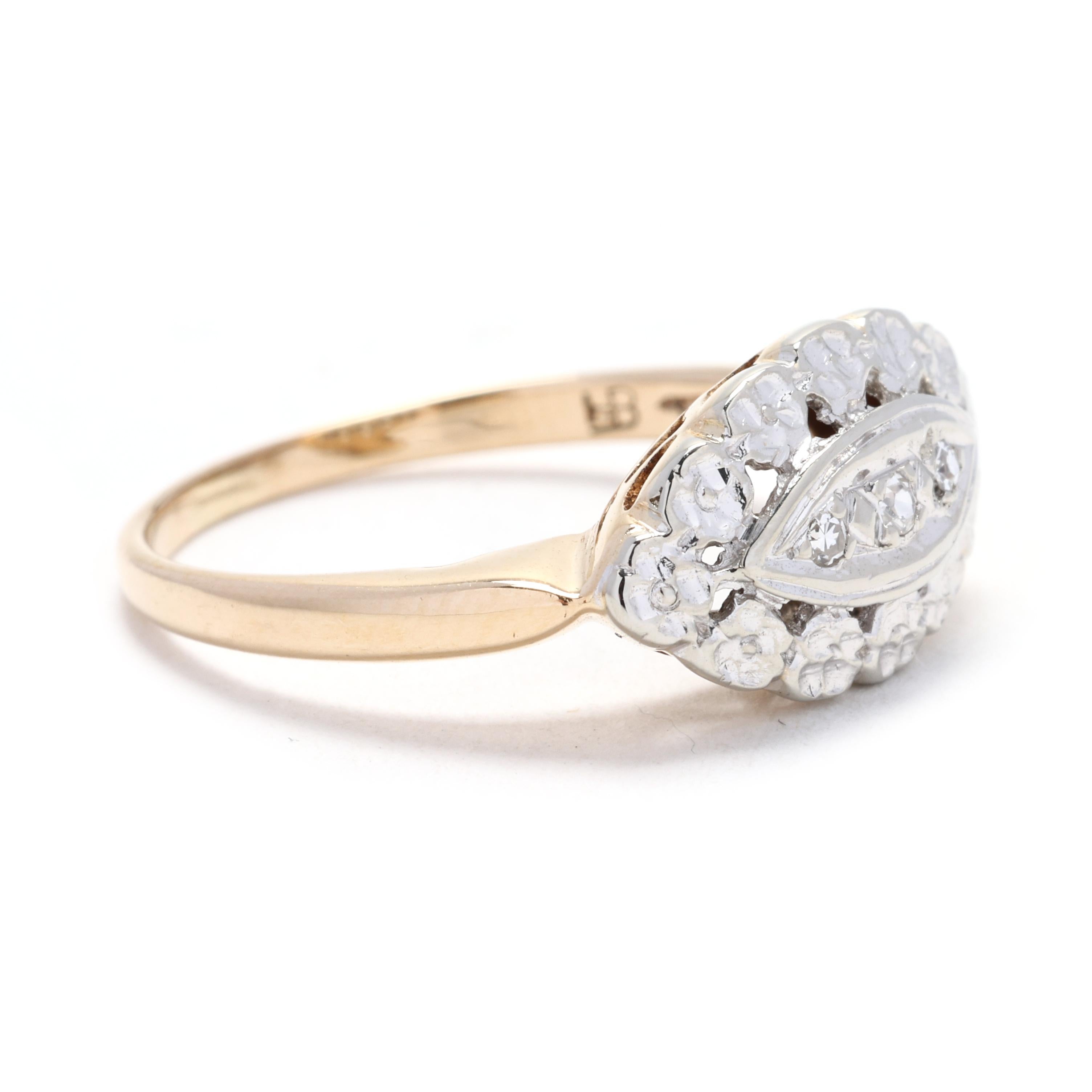 This gorgeous 14k yellow and white gold ring is a true statement piece. The ring features a unique and intricate design, with yellow gold accents highlighting the white gold band. The yellow gold is polished to a high shine, while the white gold