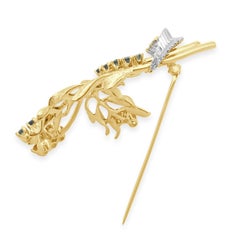 14k Yellow and White Gold Round Blue Sapphire and Round Diamond Foliate Pin