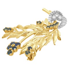 14k Yellow and White Gold Round Blue Sapphire and Round Diamond Foliate Pin