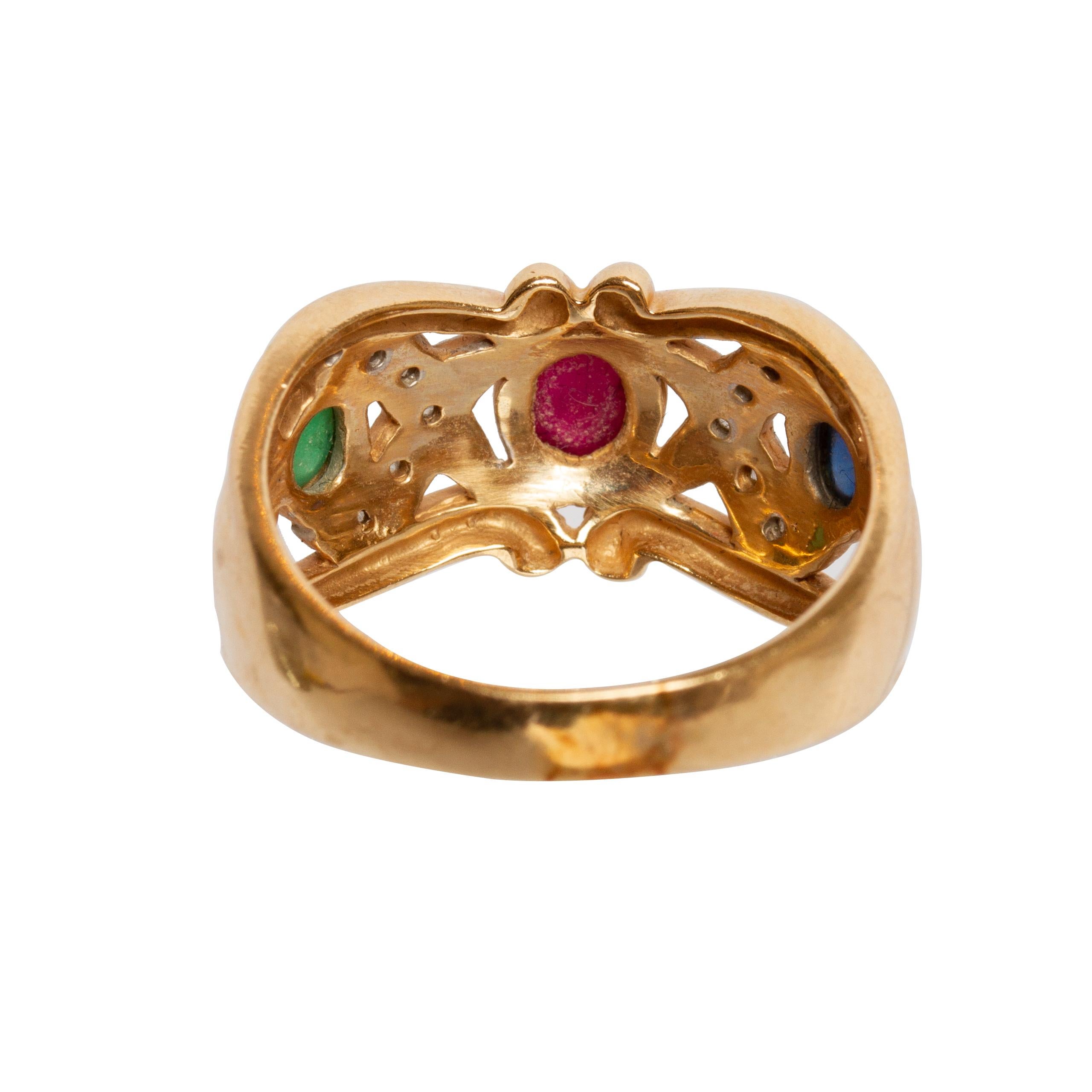 Women's or Men's 14 Karat Yellow and White Gold Sapphire, Ruby, Emerald and Diamond Ring