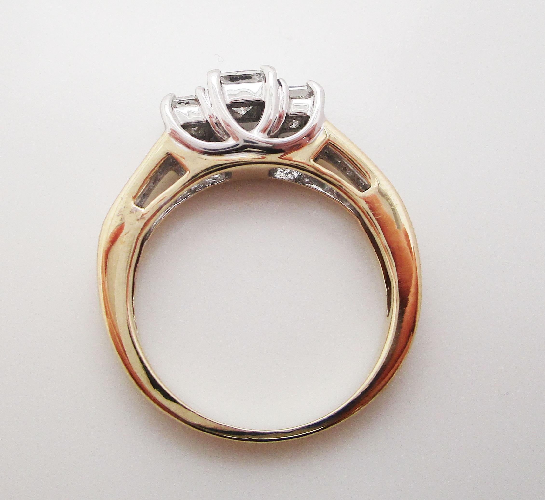 14 Karat Yellow and White Gold Three-Stone Princess Cut Diamond Engagement Ring 2