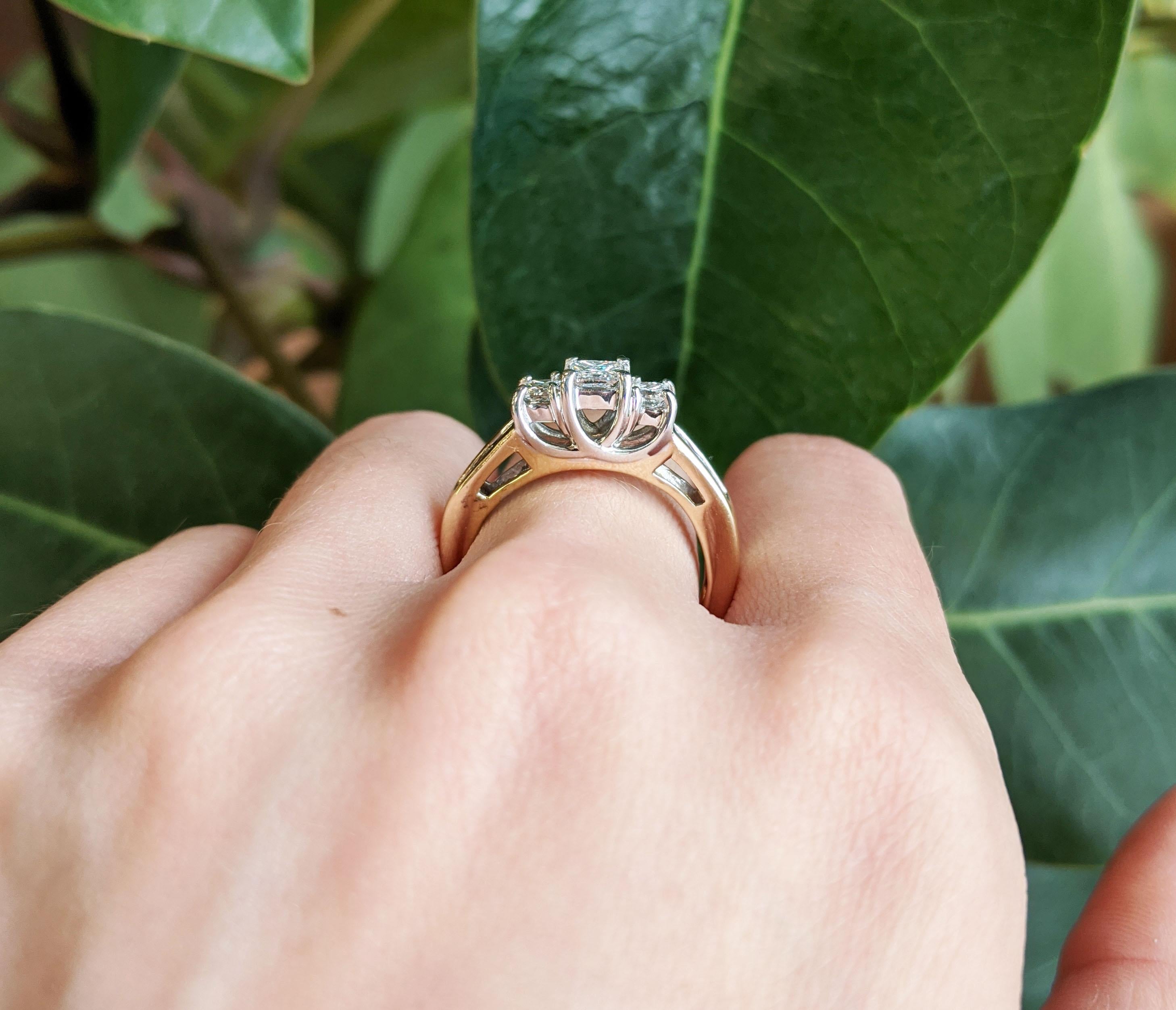 Contemporary 14 Karat Yellow and White Gold Three-Stone Princess Cut Diamond Engagement Ring