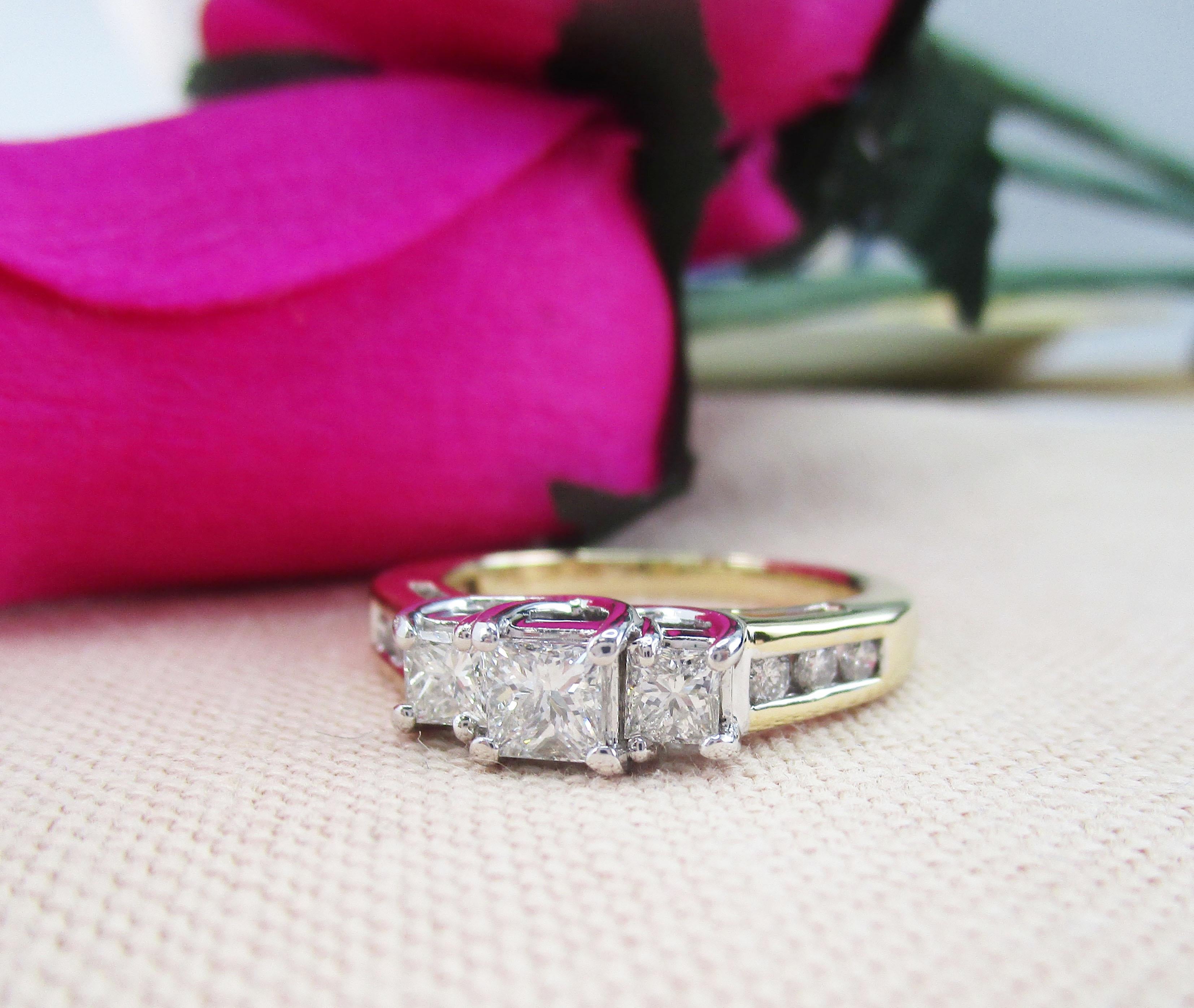 Women's 14 Karat Yellow and White Gold Three-Stone Princess Cut Diamond Engagement Ring