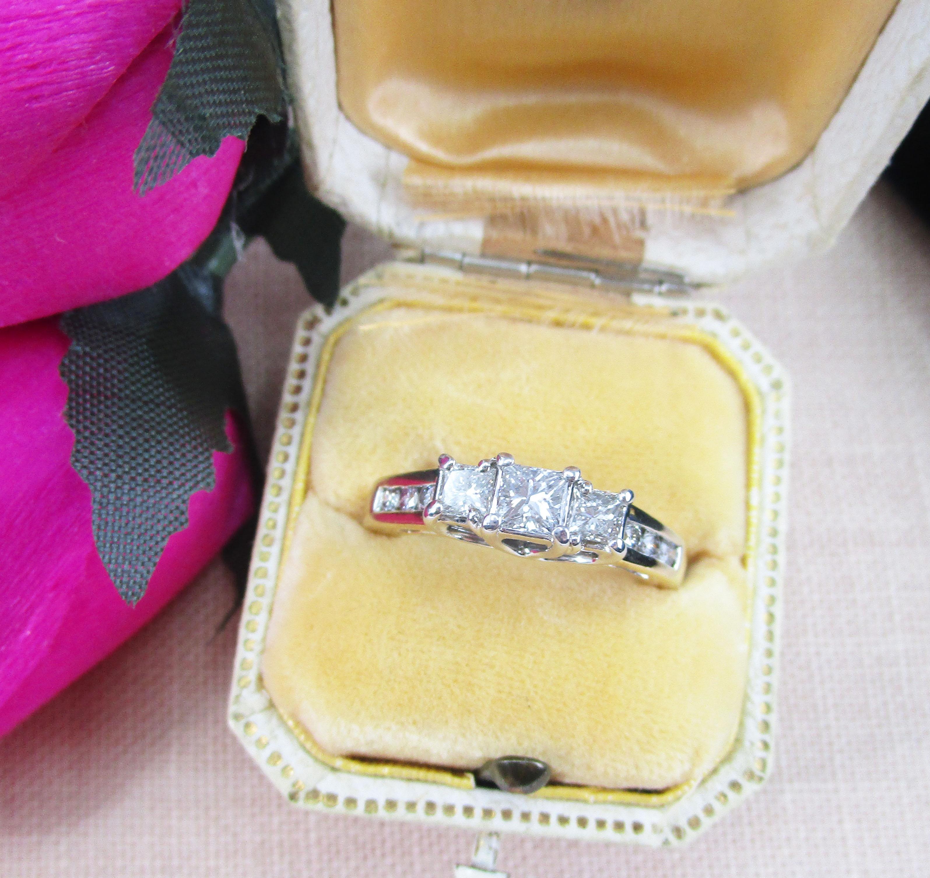 14 Karat Yellow and White Gold Three-Stone Princess Cut Diamond Engagement Ring 1
