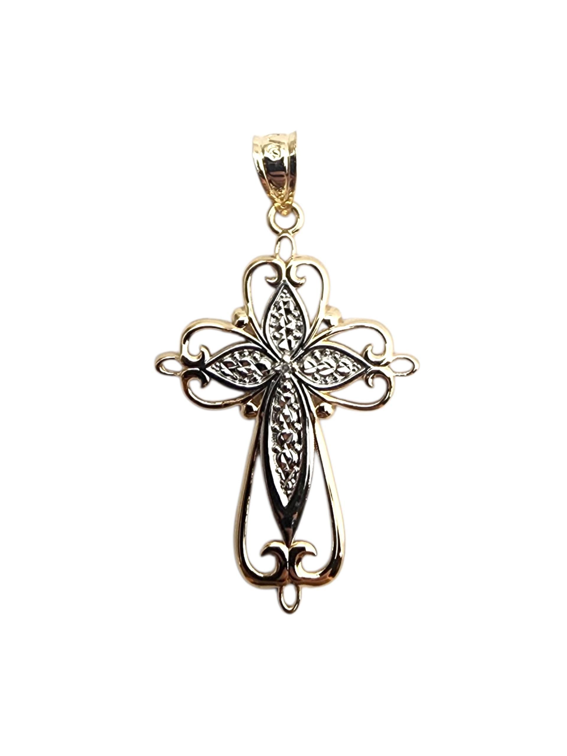 Colgante de oro amarillo y blanco de 14 quilates en forma de cruz de dos tonos #22825 en venta