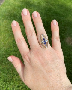 Triple Bezel Set Blue Sapphire 14 Karat Yellow/White Gold Filigree Ring