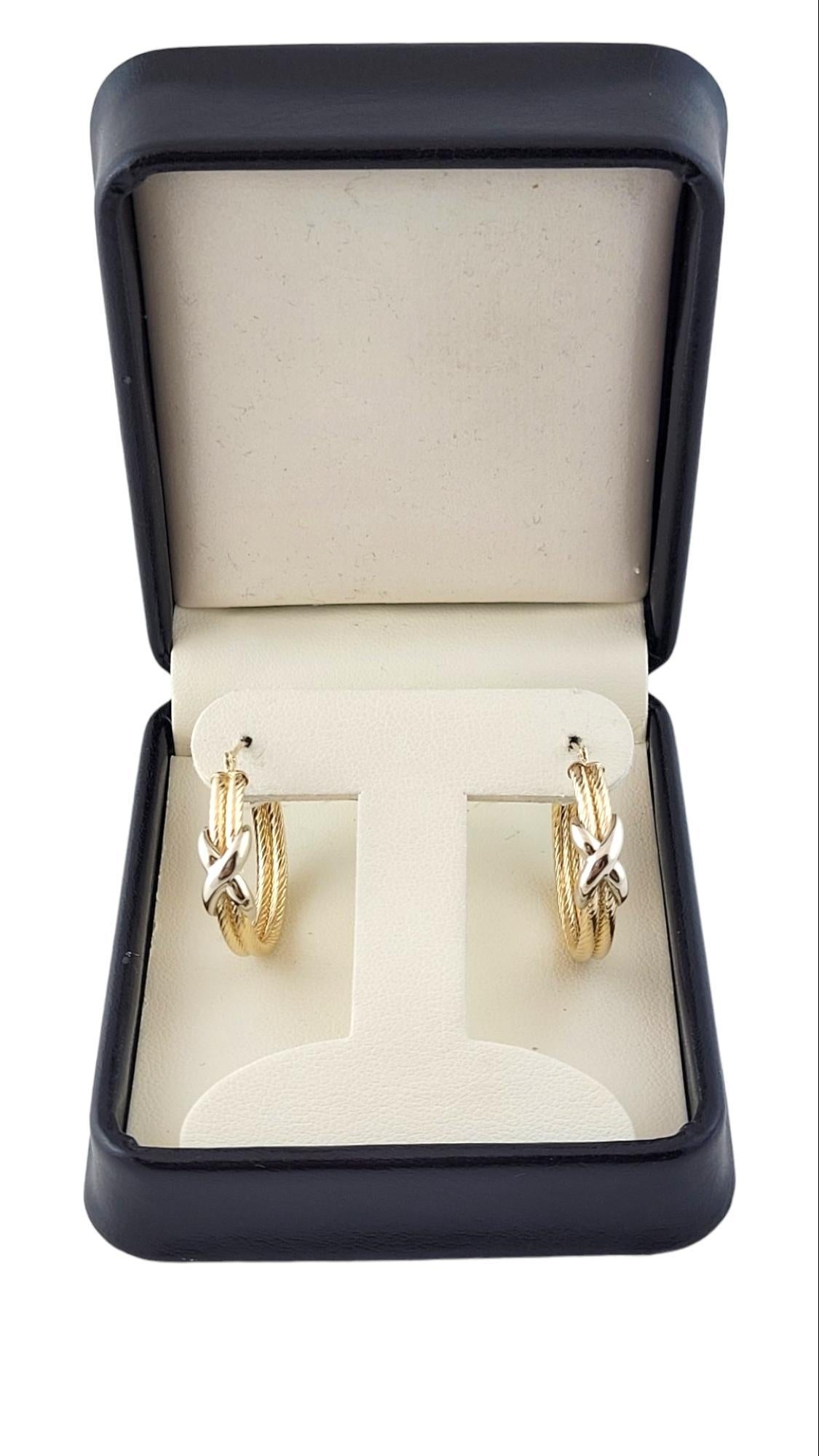 14K Yellow and White Gold Two Tone Twist Double Hoop X Earrings #15157 For Sale 2
