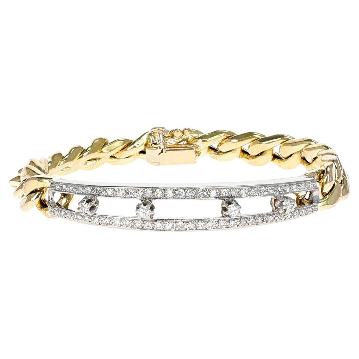 14k Yellow and White Gold with Diamonds Chain Men's Bracelet For Sale