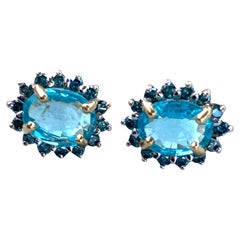 14K Yellow Blue Diamond & Topaz Earrings Halo 3.50 Carats