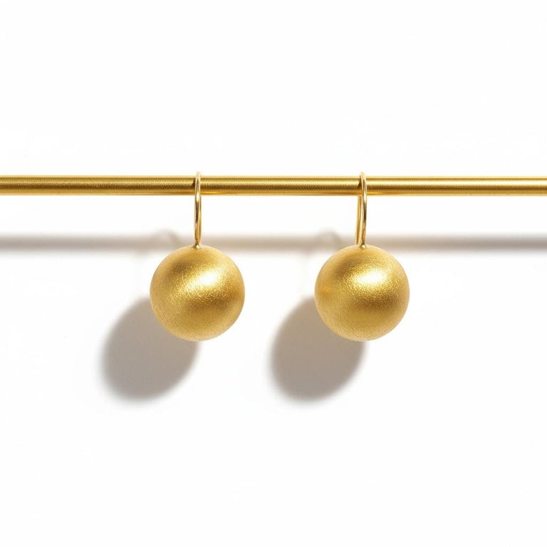 14K Yellow Gold Brushed Fish Hook Round Ball Earrings, 20th Century For  Sale at 1stDibs