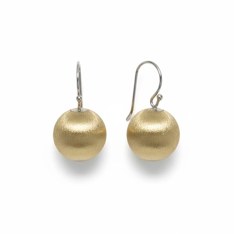 14k Yellow Gold Brushed Fish Hook Round Ball Earrings, 20th Century 14k Yellow Gold Brushed Fish Hook Round Ball Earrings, 20th Century