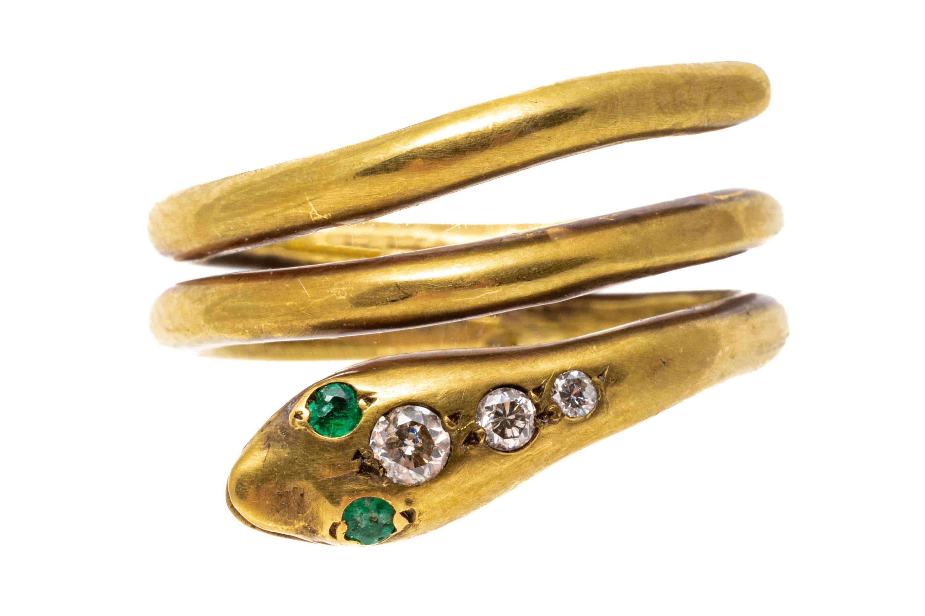 14k Gelb brüniertes Gold Smaragd und Diamant Double Coil Serpent Ring Damen im Angebot